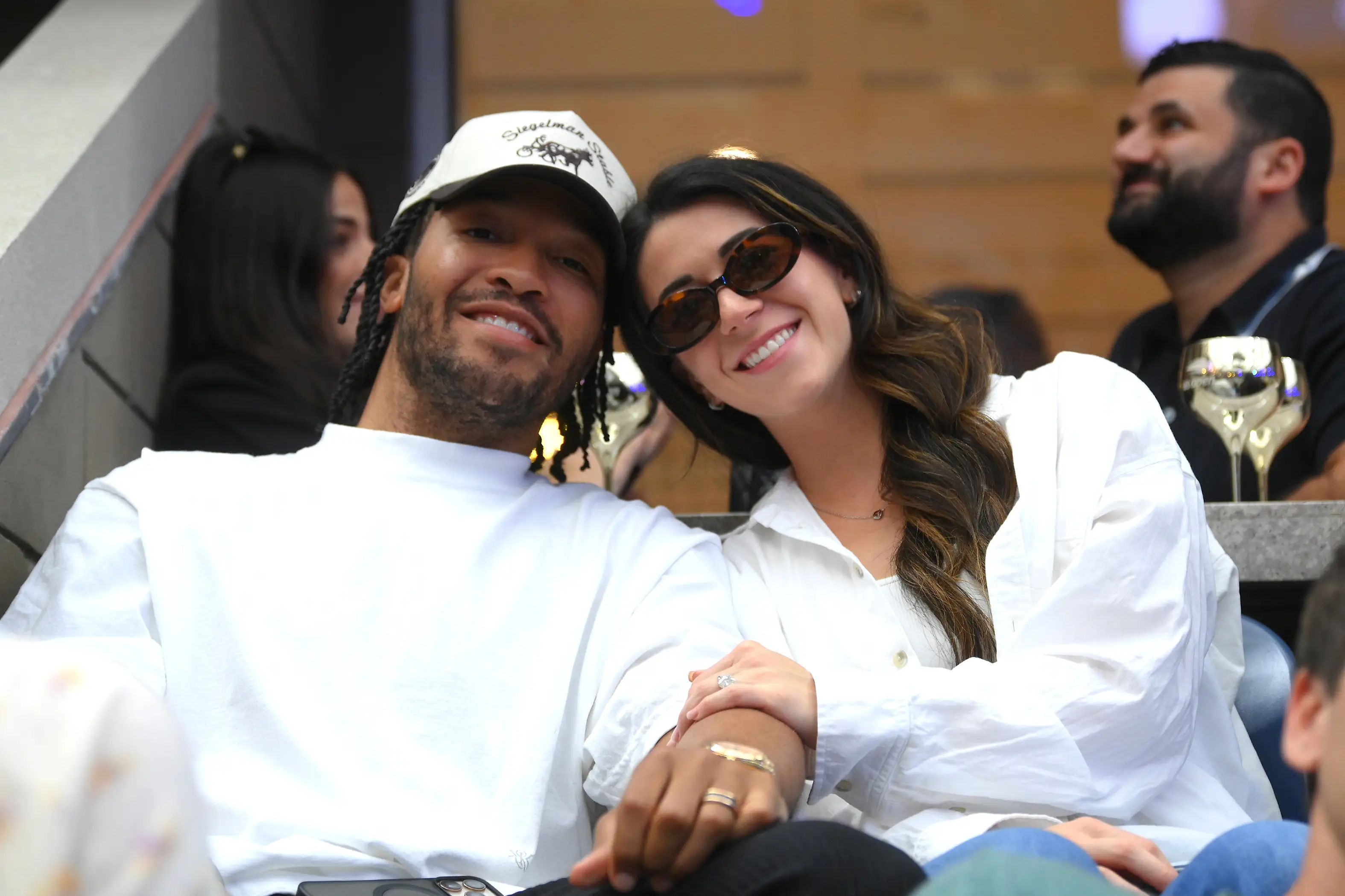Jalen Brunson and Ali Brunson at the Moet & Chandon clubhouse suite at Arthur Ashe Stadium on September 07, 2025 in New York City.