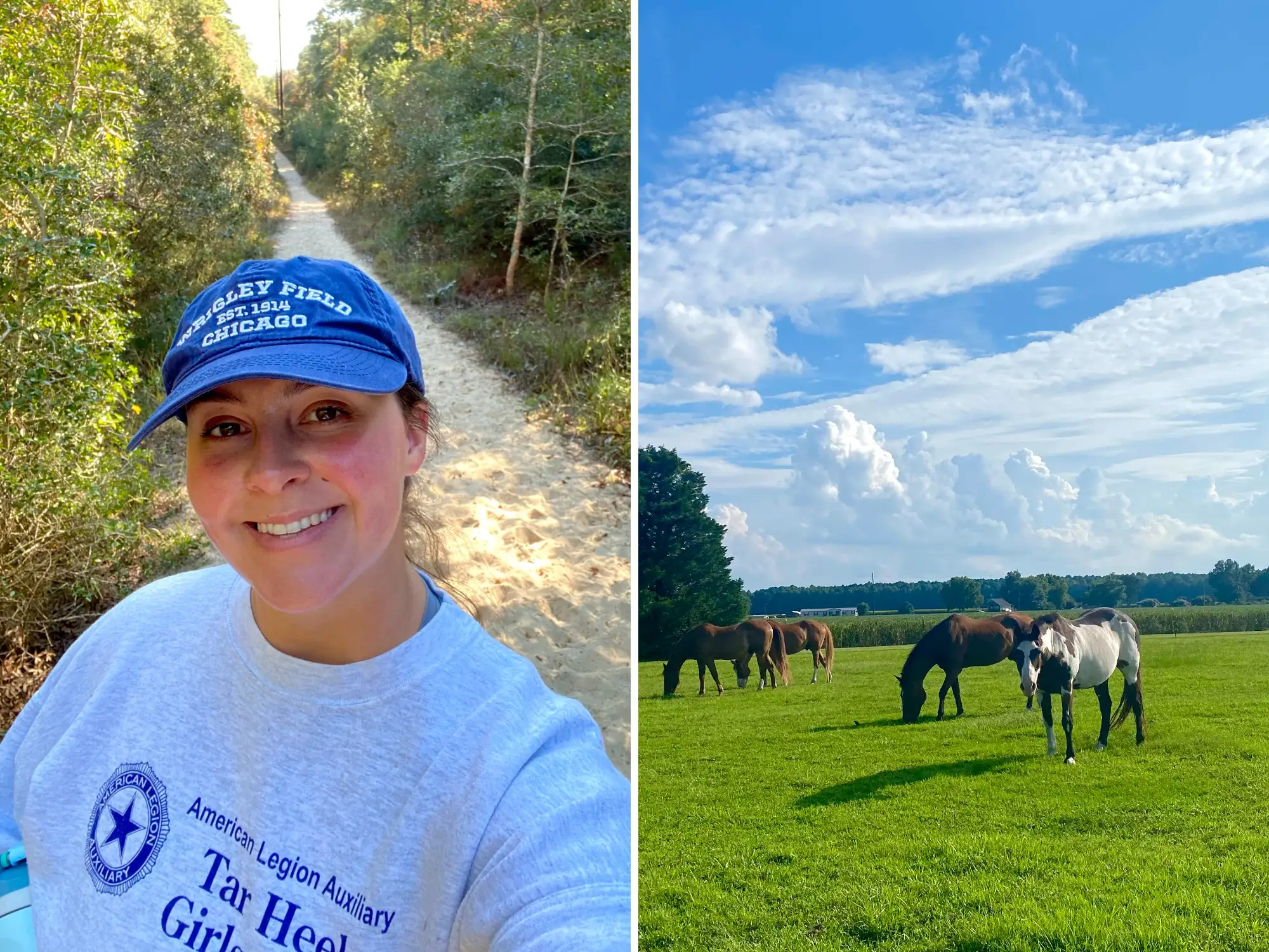 A side-by-side image of a woman walking along a trail and several horses eating grass in a field in North Carolina.