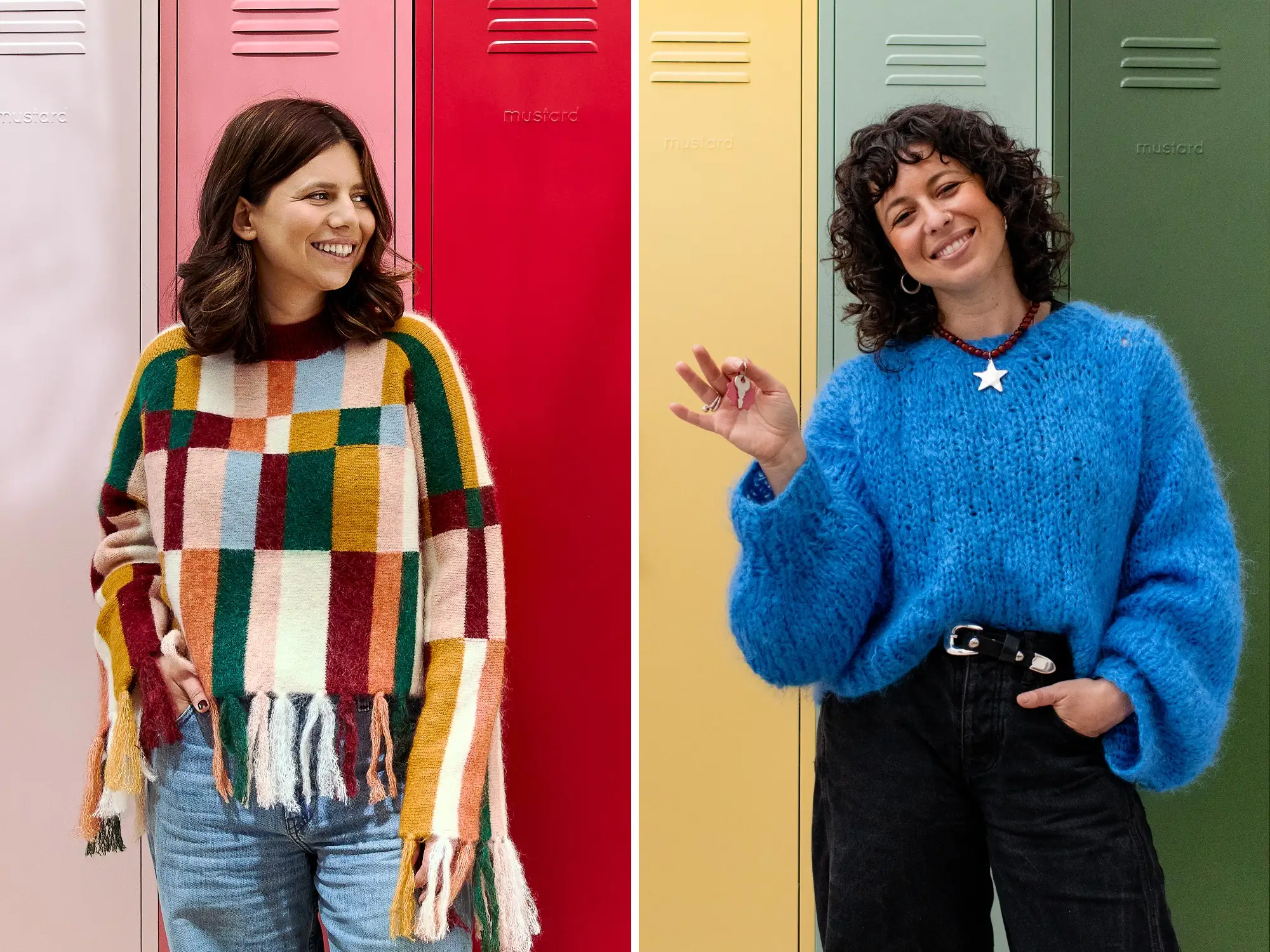 Mustard Made's co-founders Becca and Jess Stern posing in front of their brand's colorful lockers.