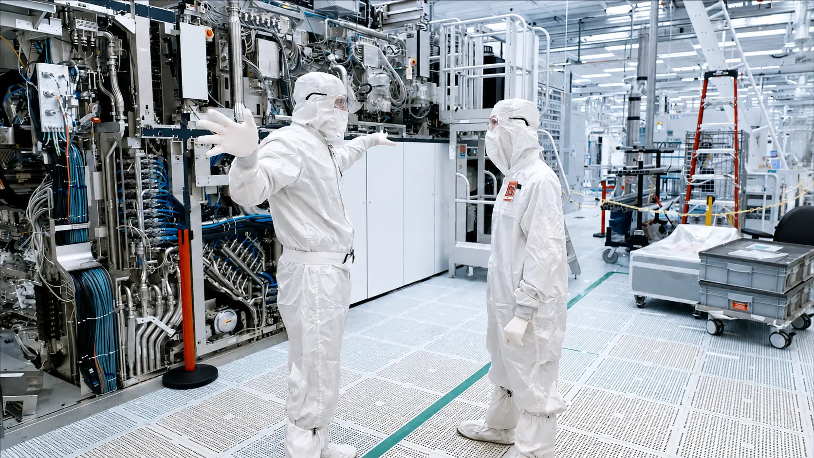 Producer Olivia Nemec and Intel's Chris Auth stand in front of an ASML lithography tool.