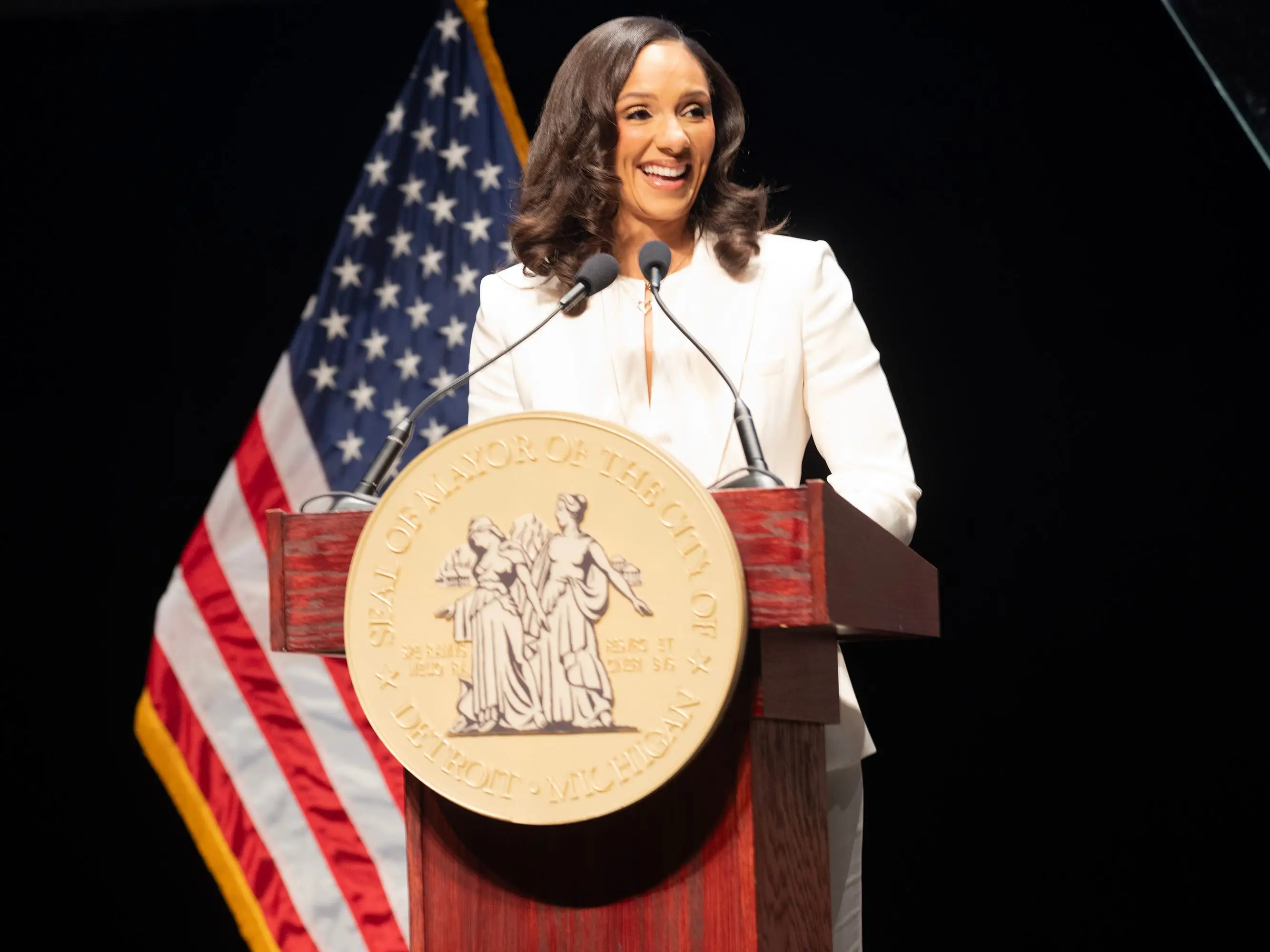Mary Sheffield speaks after being sworn in as the 76th Mayor of Detroit during the city of Detroit's Investiture Ceremony at the Detroit Opera House on January 09, 2026, in Detroit, Michigan.