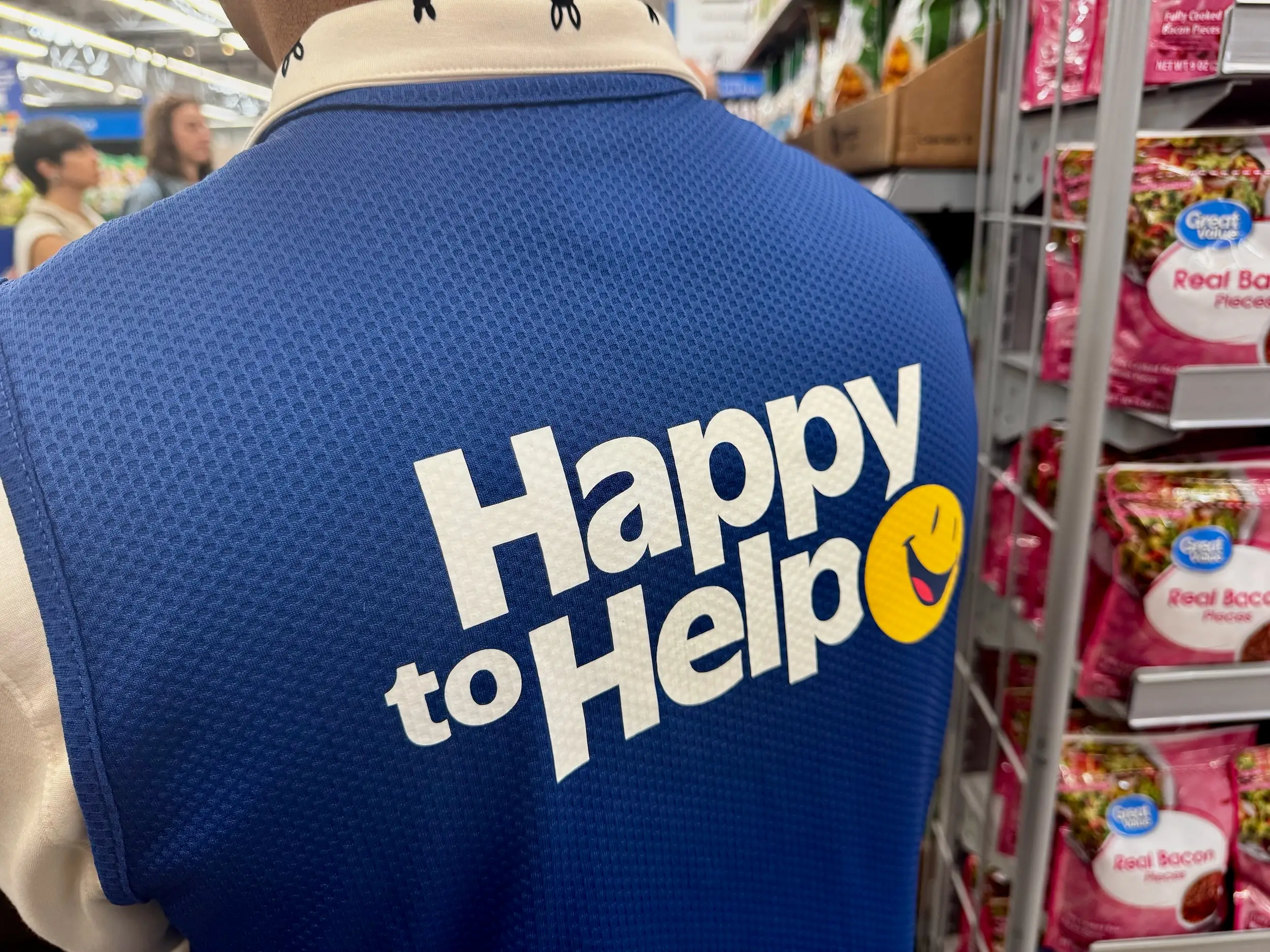 A Walmart associate's blue vest.