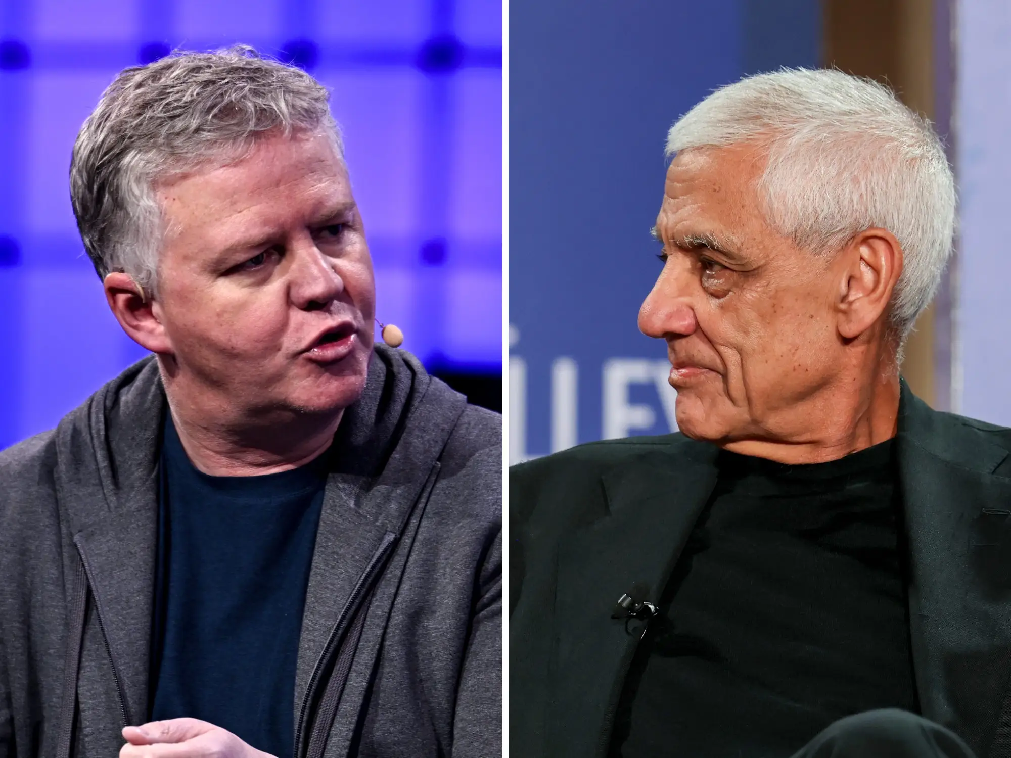 A split image of Cloudflare founder Matthew Prince and venture capitalist Vinod Khosla