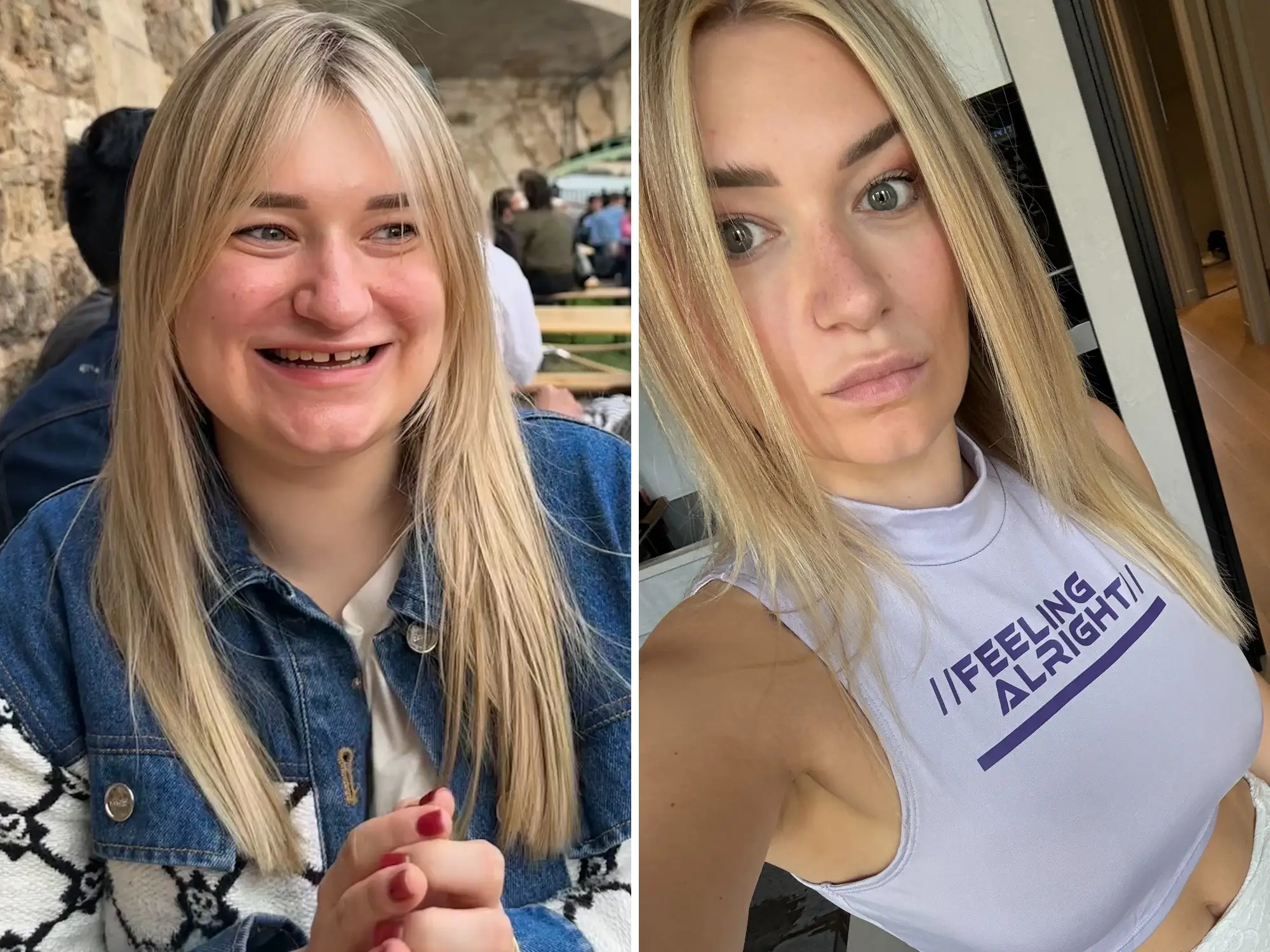 A blond woman before and after a physical transformation