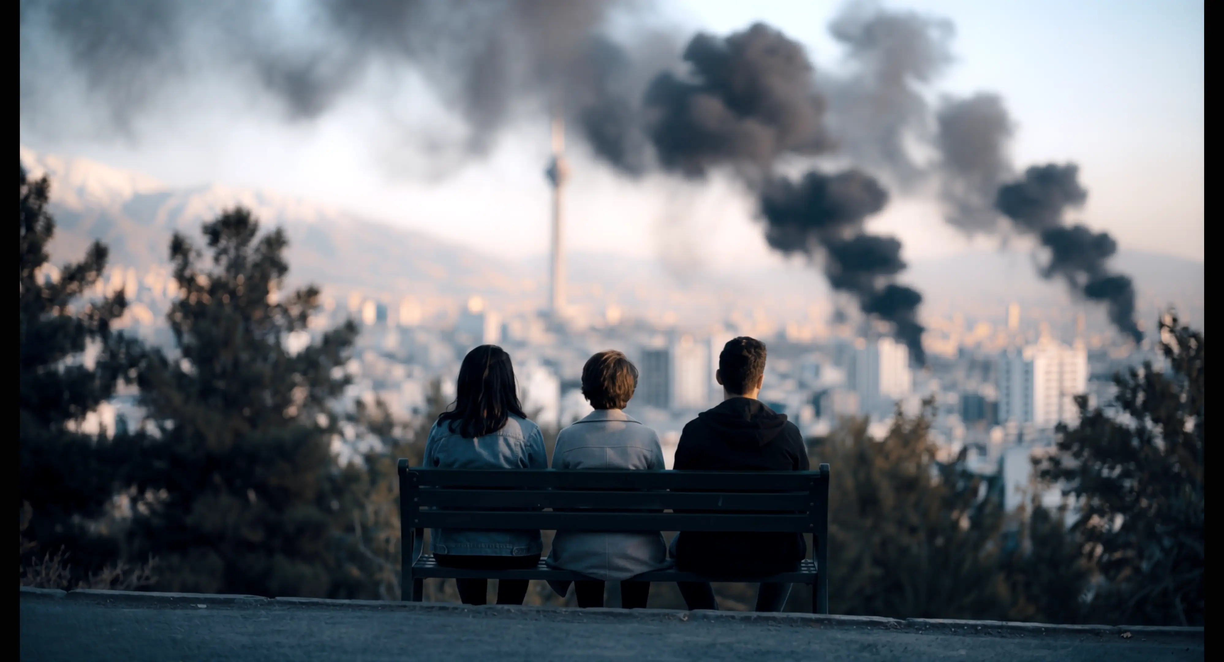 Three people sit on a bench; smoke pours out from buildings in the distance