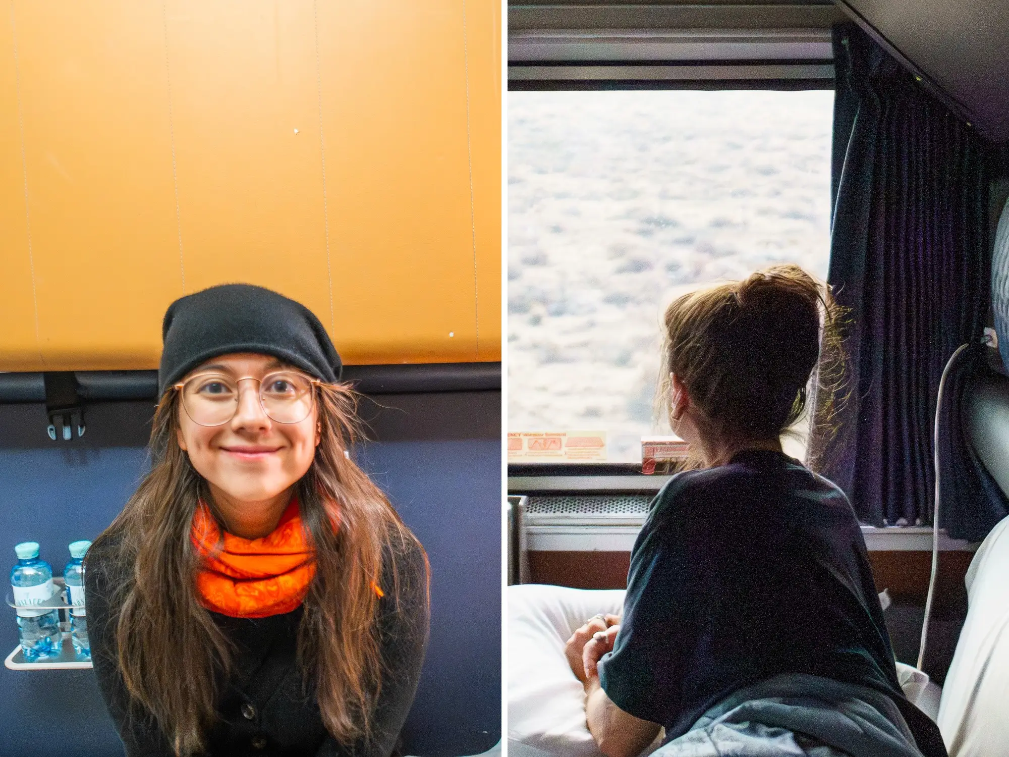 A composite image of the author smiling in a Nightjet cabin and laying in bed in an Amtrak bedroom