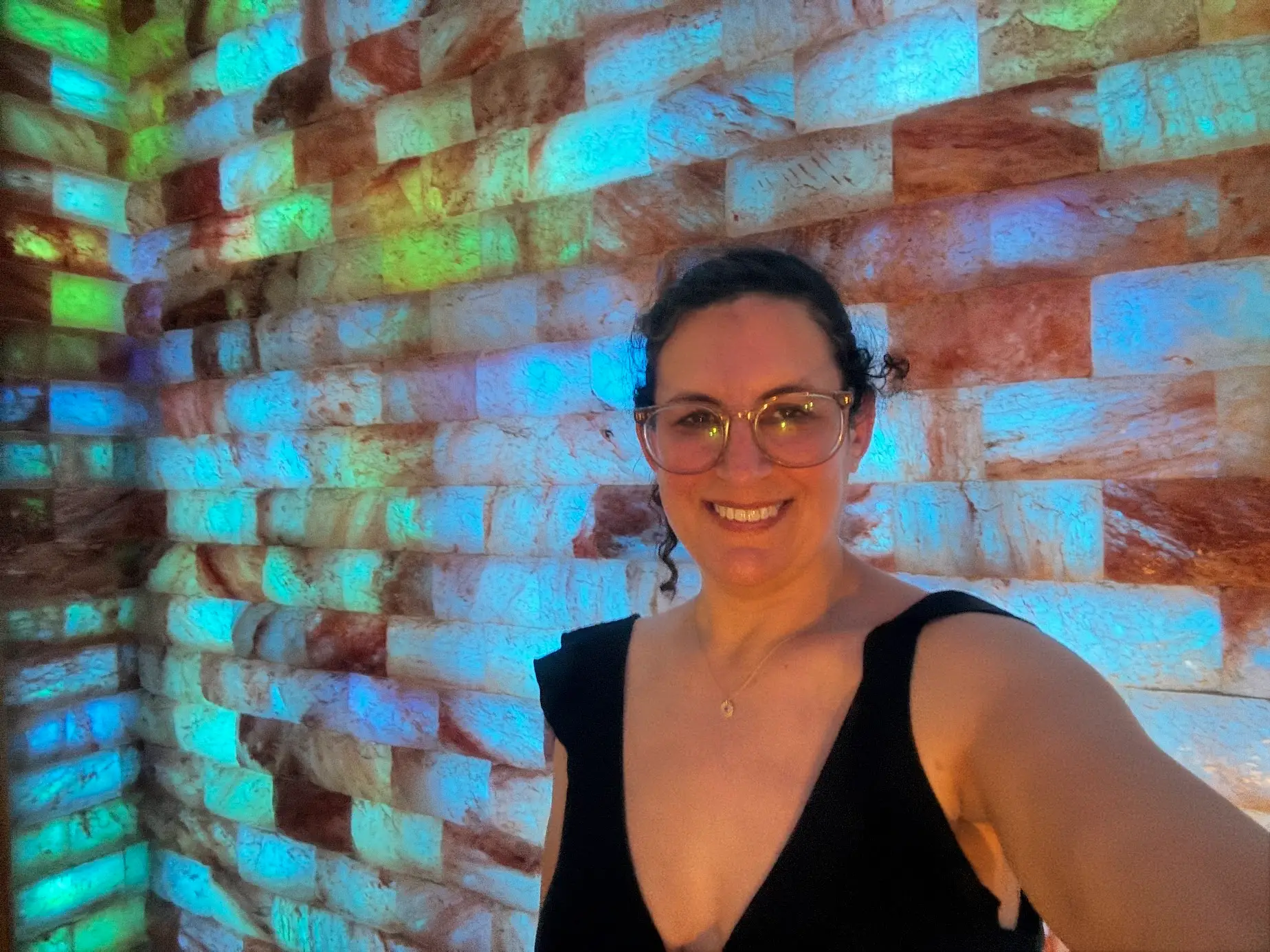 The author relaxing in a pink-salt sauna.