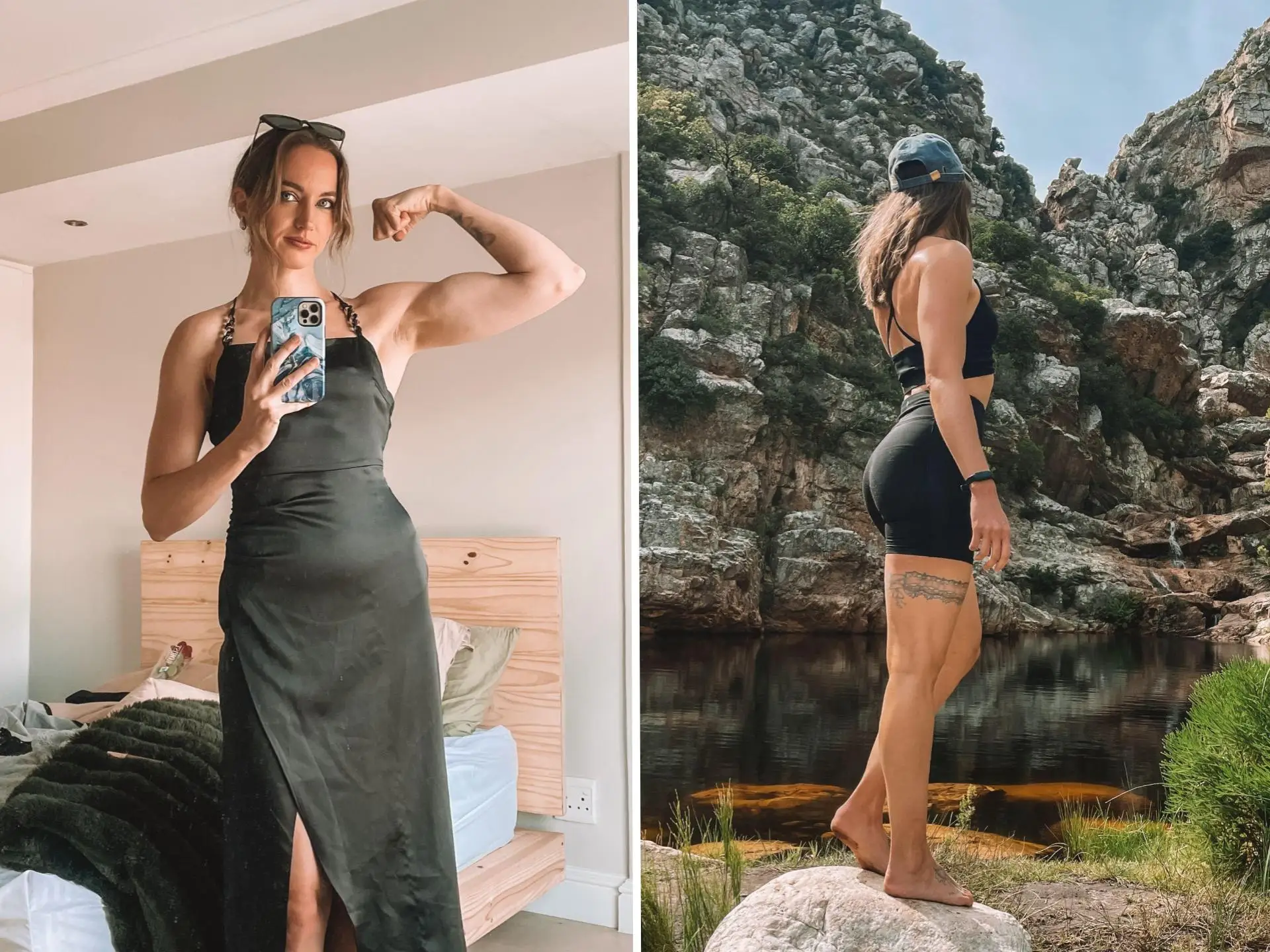 Composite image, on the left the author is wearing a black dress and flexing. On the right, the author is looking at a pool of water while hiking.