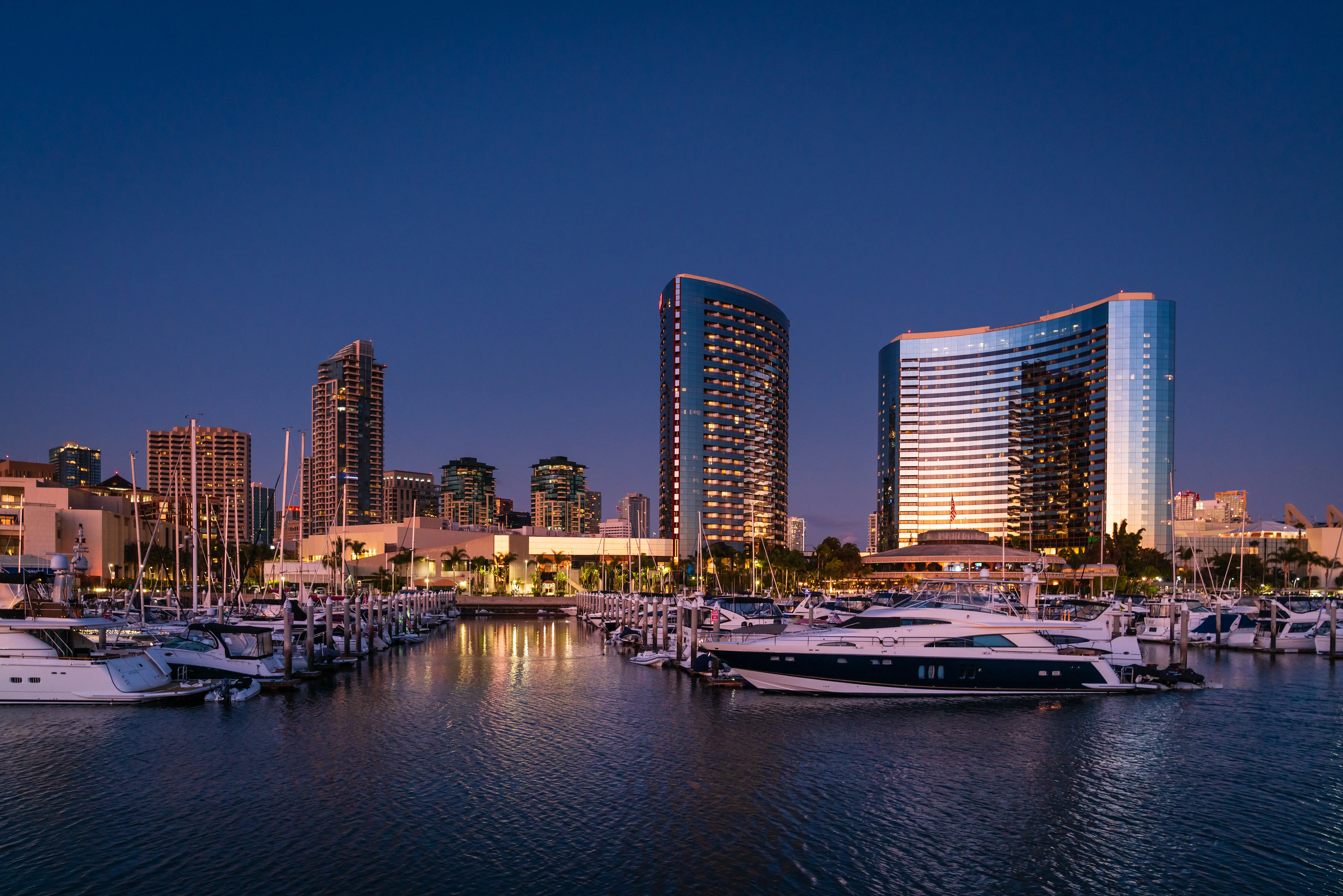 The San Diego Marina and the Convention Center after sunset.