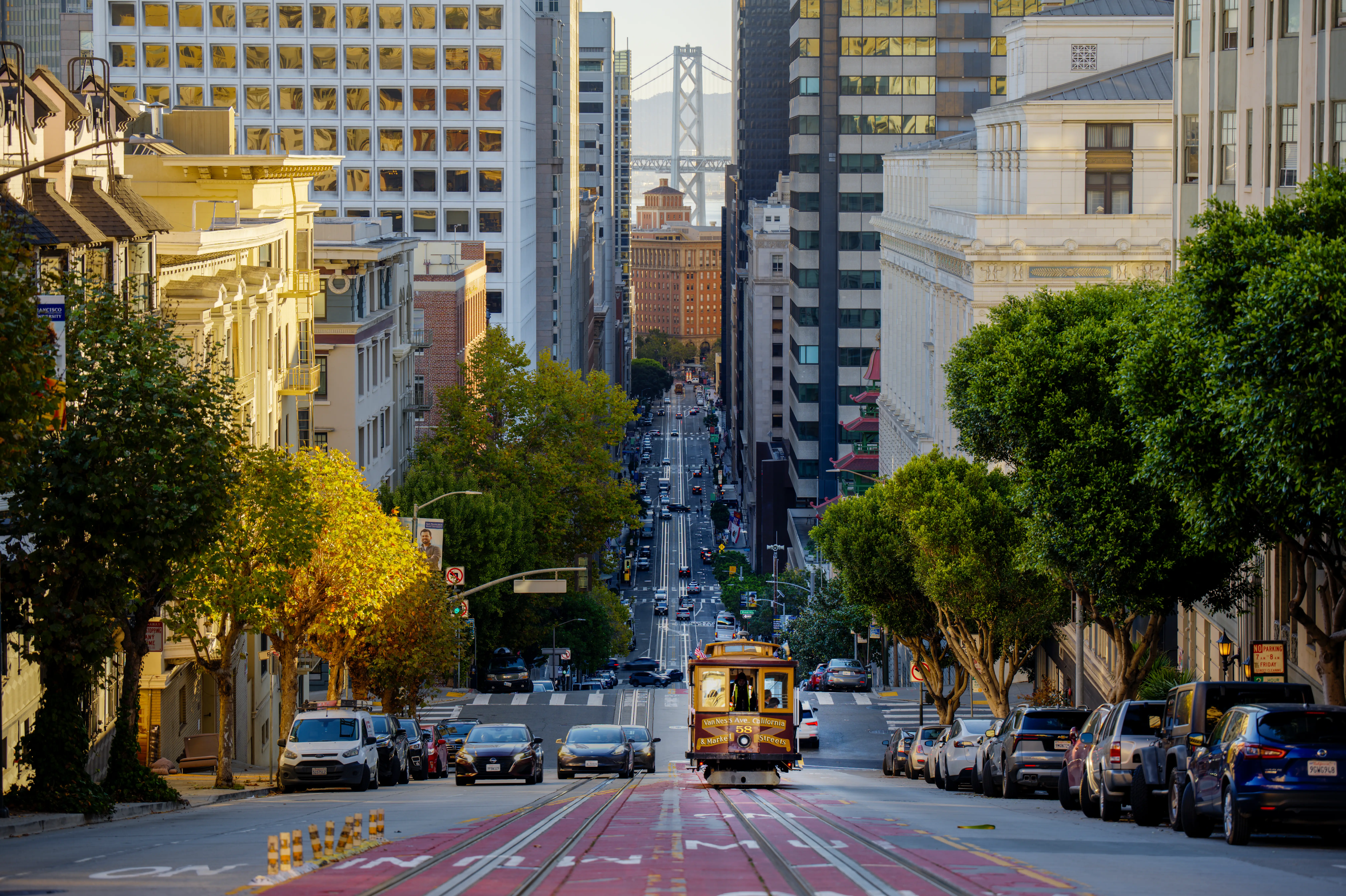 A cable car climbing California Street Hill in San Francisco.