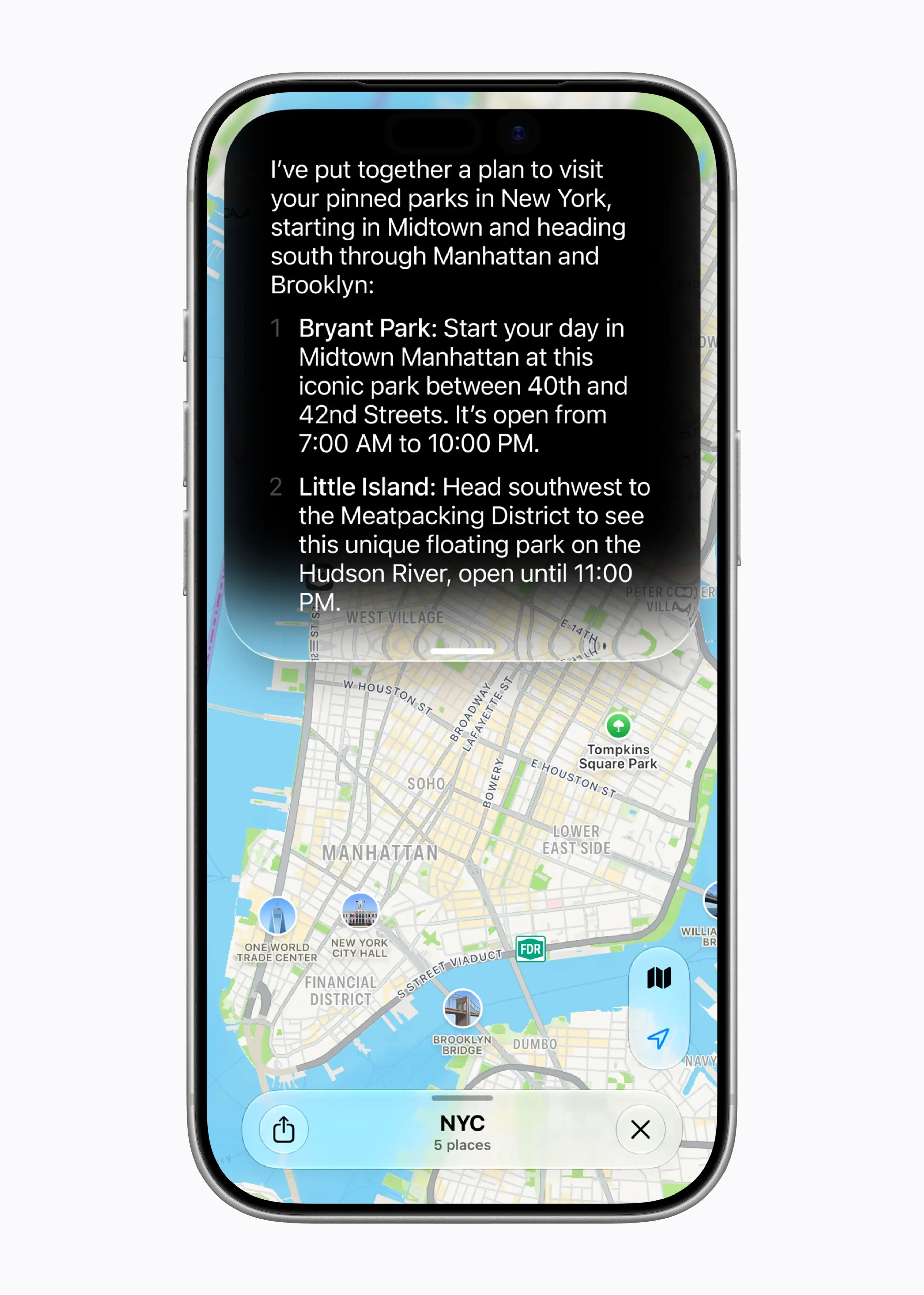 A shot of the iPhone with Apple Maps and Siri's new AI capabilities on the screen.