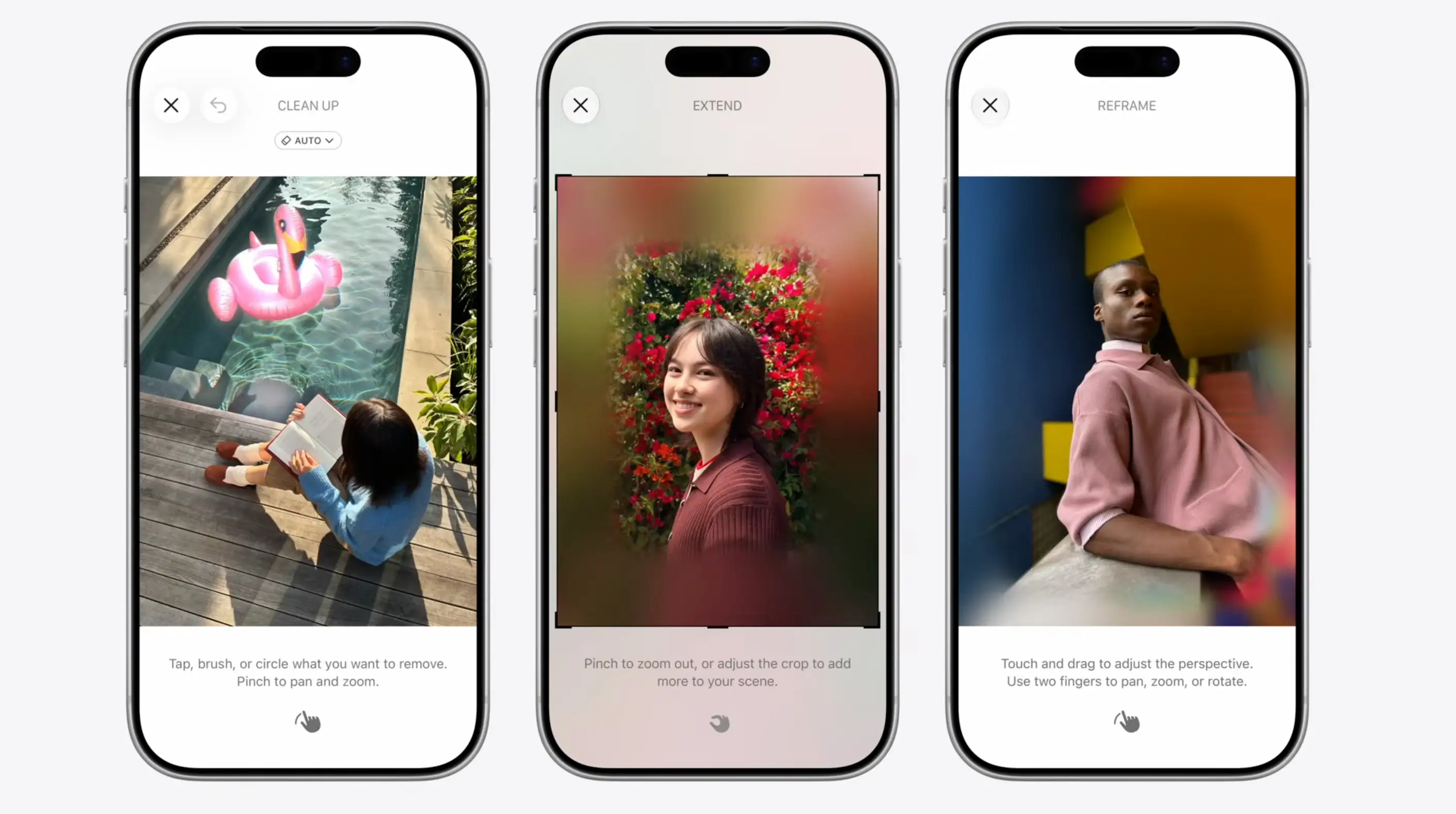 Three iPhones, showing the camera's new AI capabilities, are on the picture editing screen.