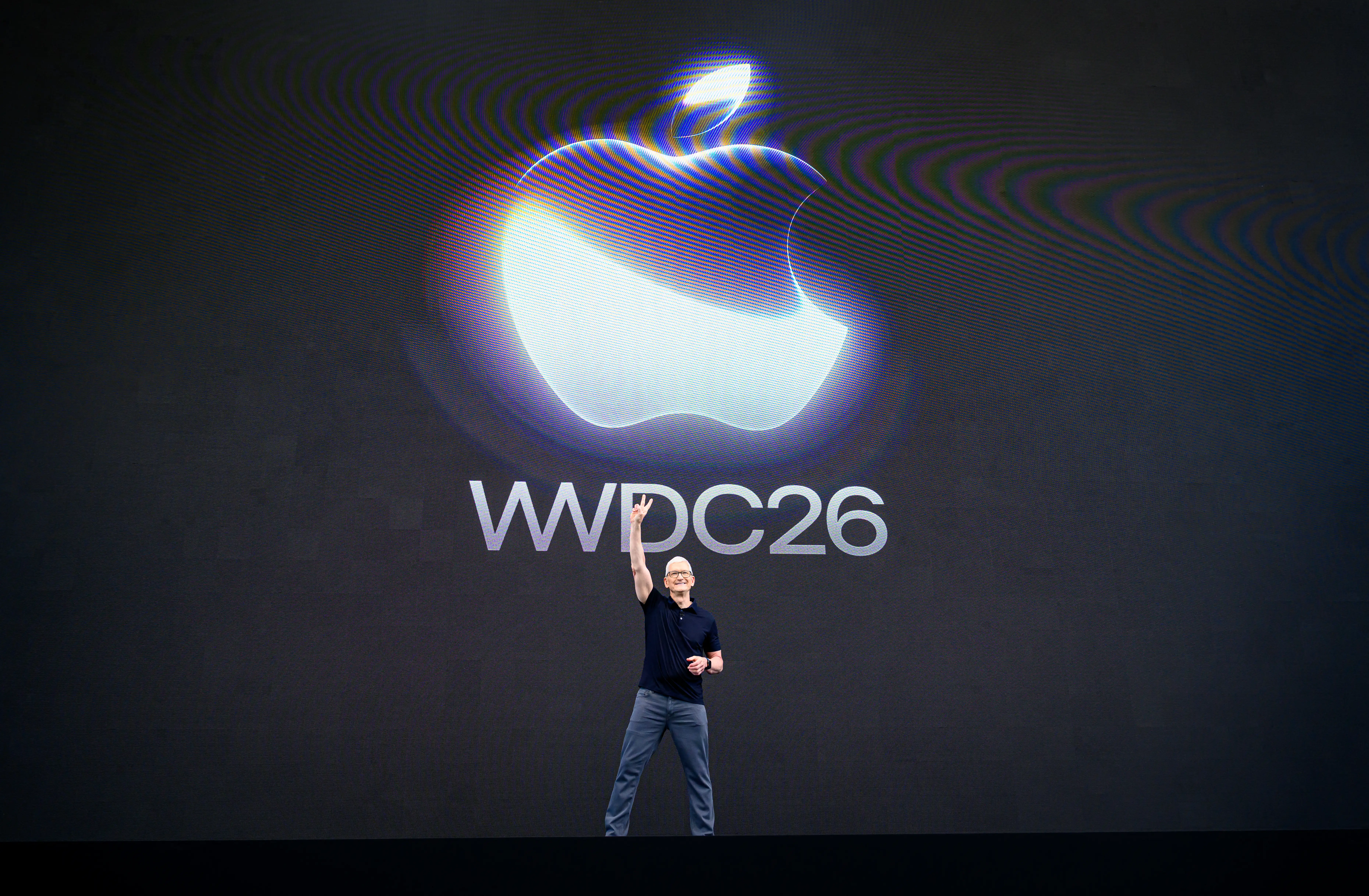 Apple CEO Tim Cook gestures the peace sign during his final Apple Worldwide Developers Conference (WWDC) at Apple Park in Cupertino, California, on June 8, 2026. (Photo by Josh Edelson / AFP via Getty Images)
