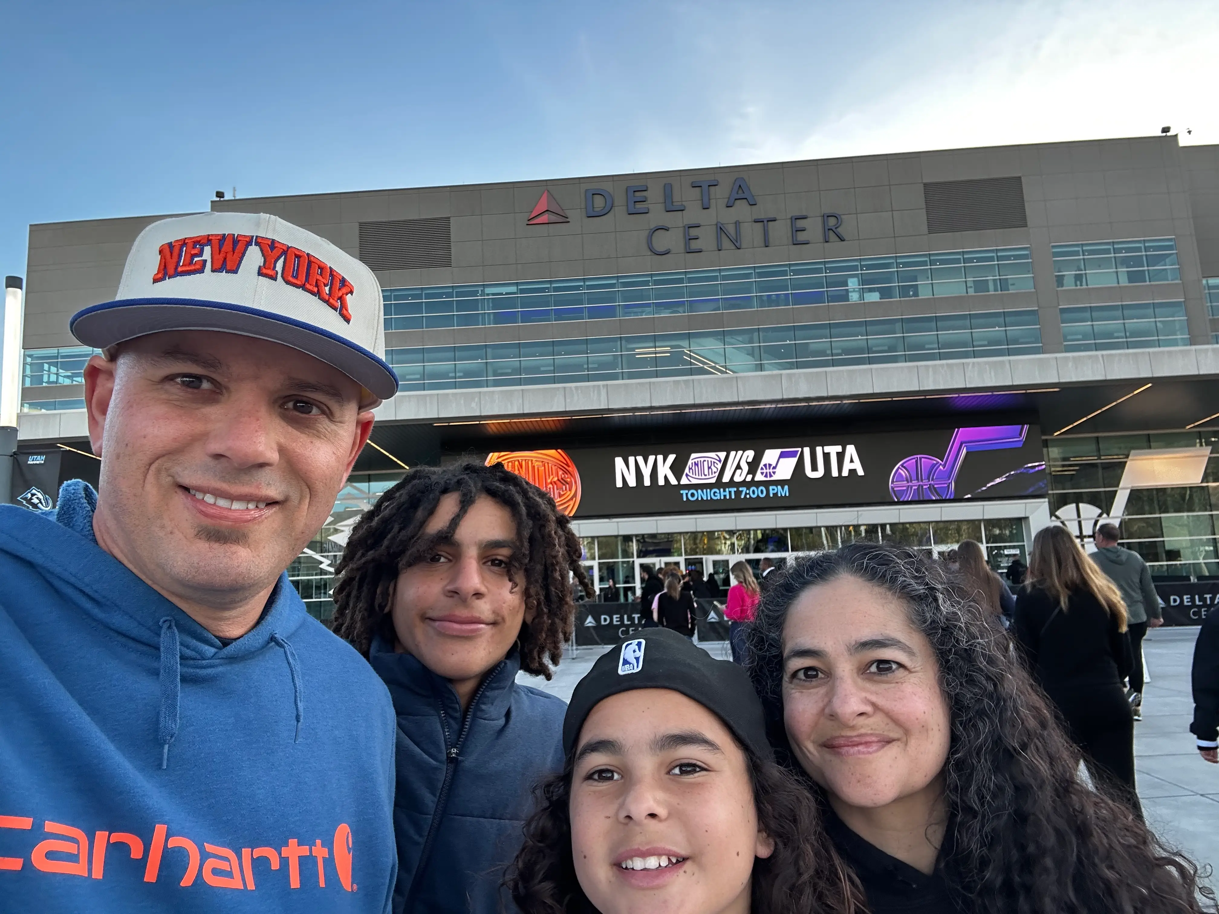 The author and her family outside of the area where the Knicks played the Jazz earlier this season.