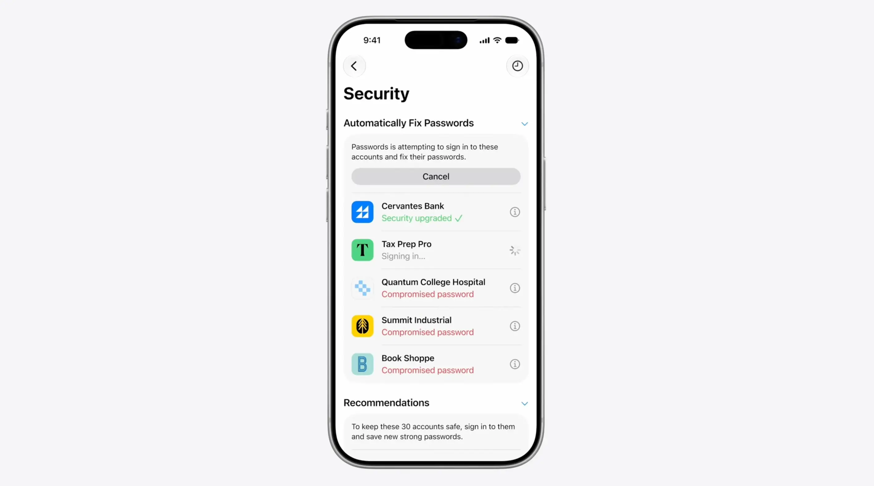 A shot of an Apple iPhone's security page. It's showing the user that three apps — Quantum College Hospital, Summit Industrial, and Book Shoppe — have compromised passwords.