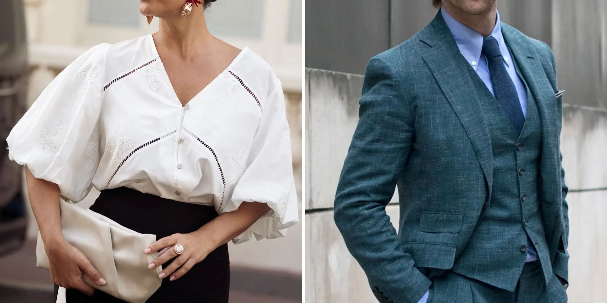 A composite image of a woman wearing a white blouse with billowy sleeves and a man wearing a three-piece suit.