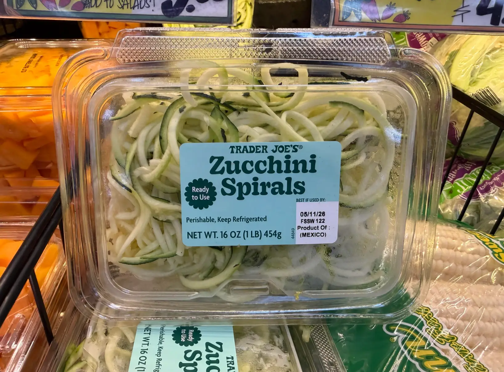 Trader Joe's zucchini spirals in a plastic box.