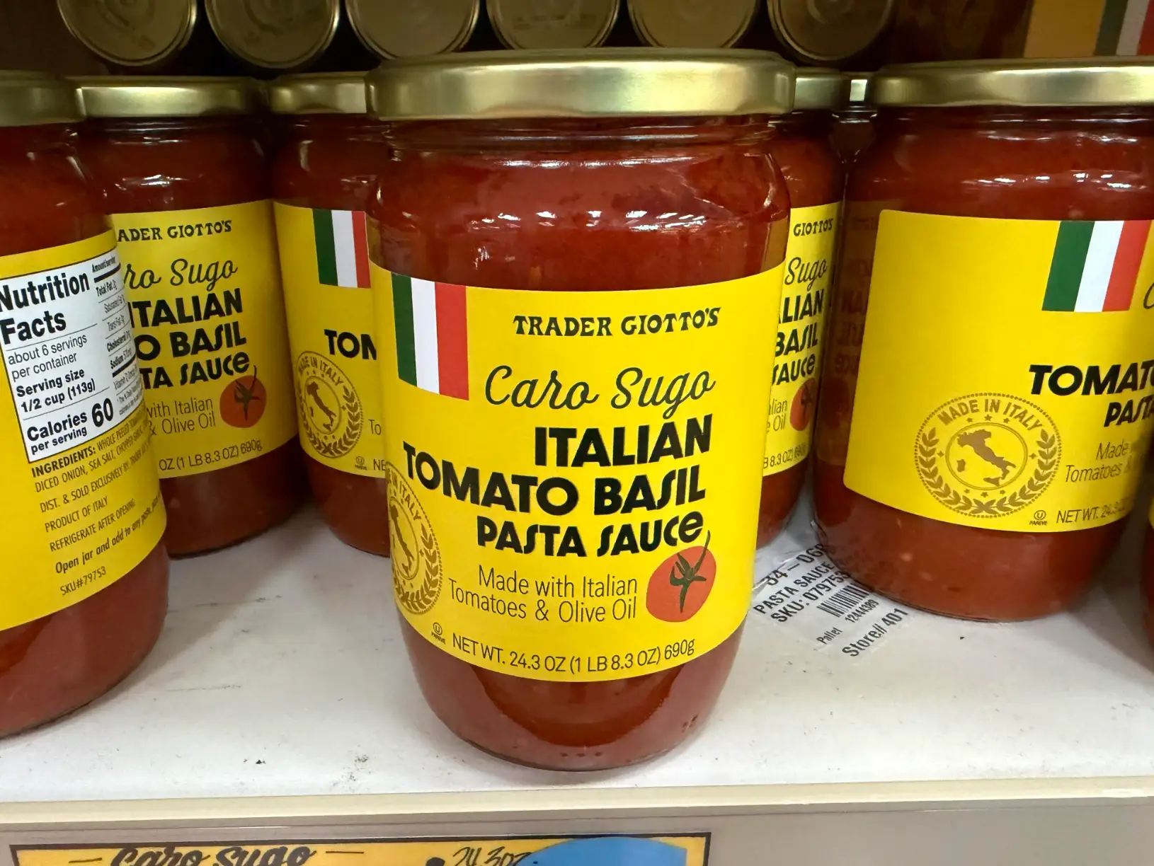 Jars of Trader Joe's Caro Sugo Italian tomato-basil pasta sauce.