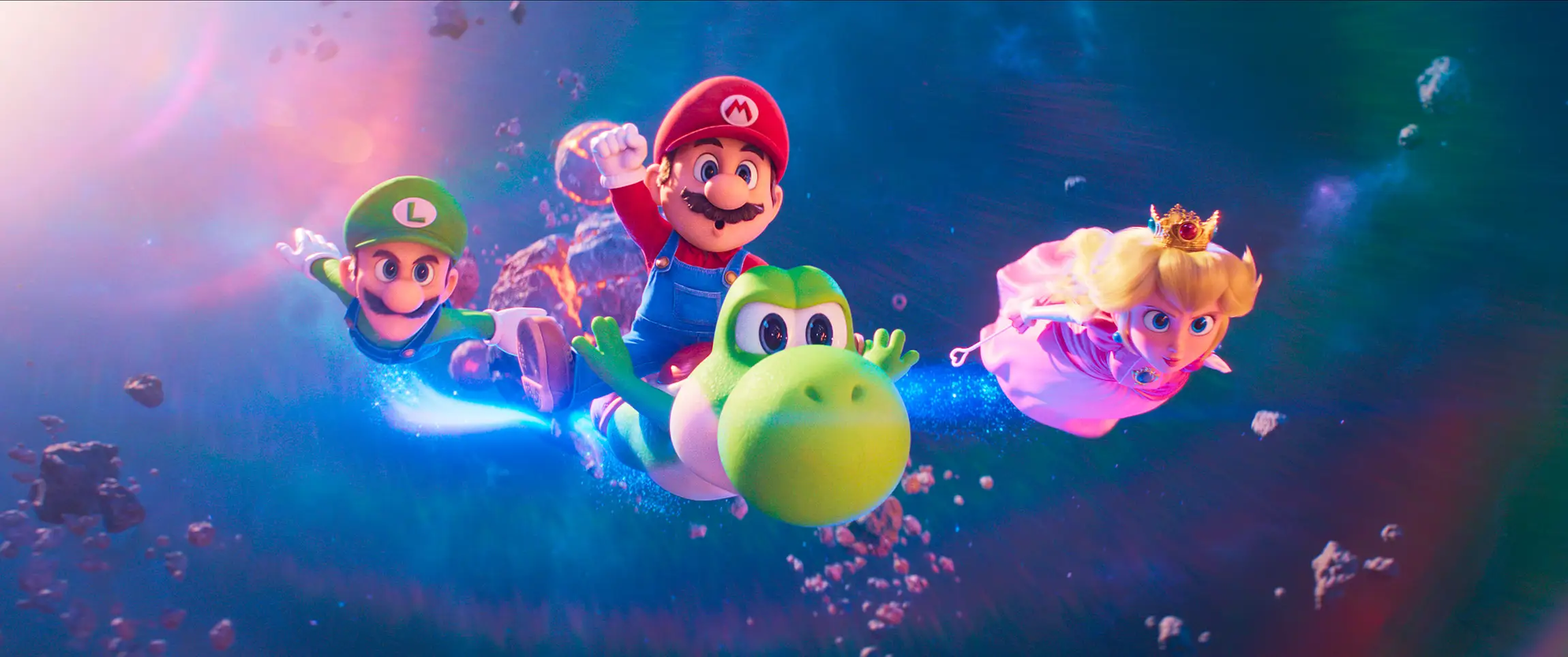 Mario, Luigi, Princess Peach, and Yoshi fly through a colorful cosmic scene.