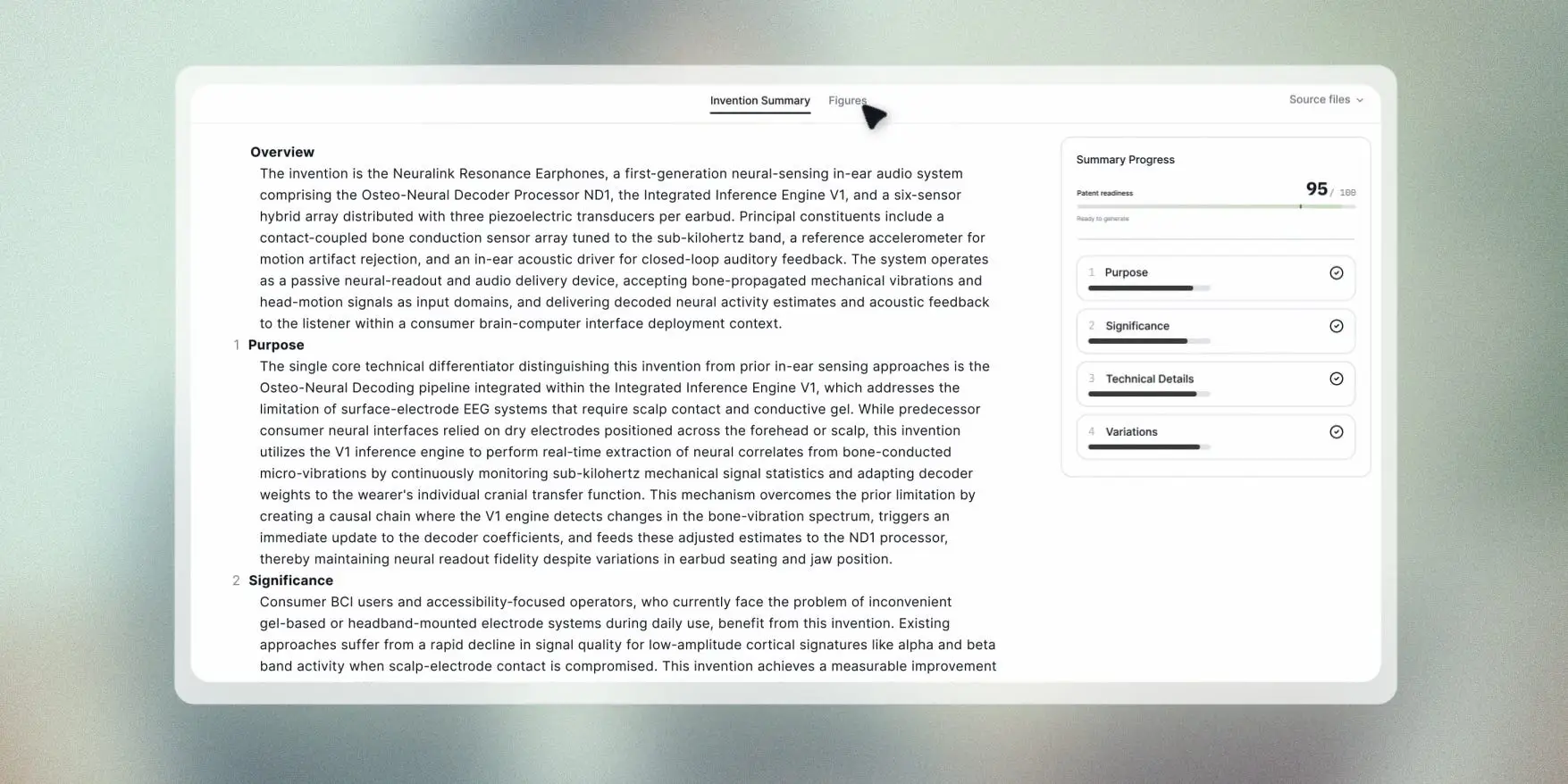 An app screenshot displays an invention summary about Neuralink Resonance Earphones with a progress panel on the right.