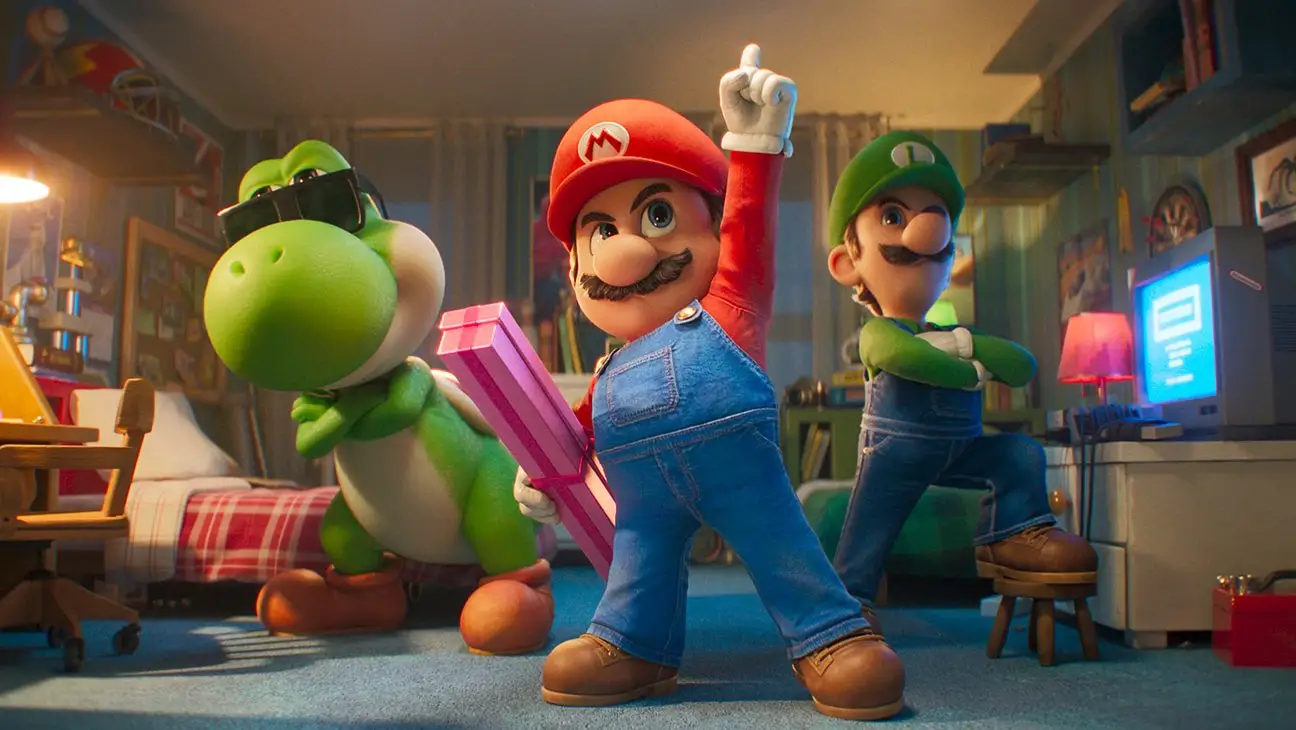 Mario poses with Luigi and Yoshi in a colorful bedroom filled with gaming and cartoon décor.