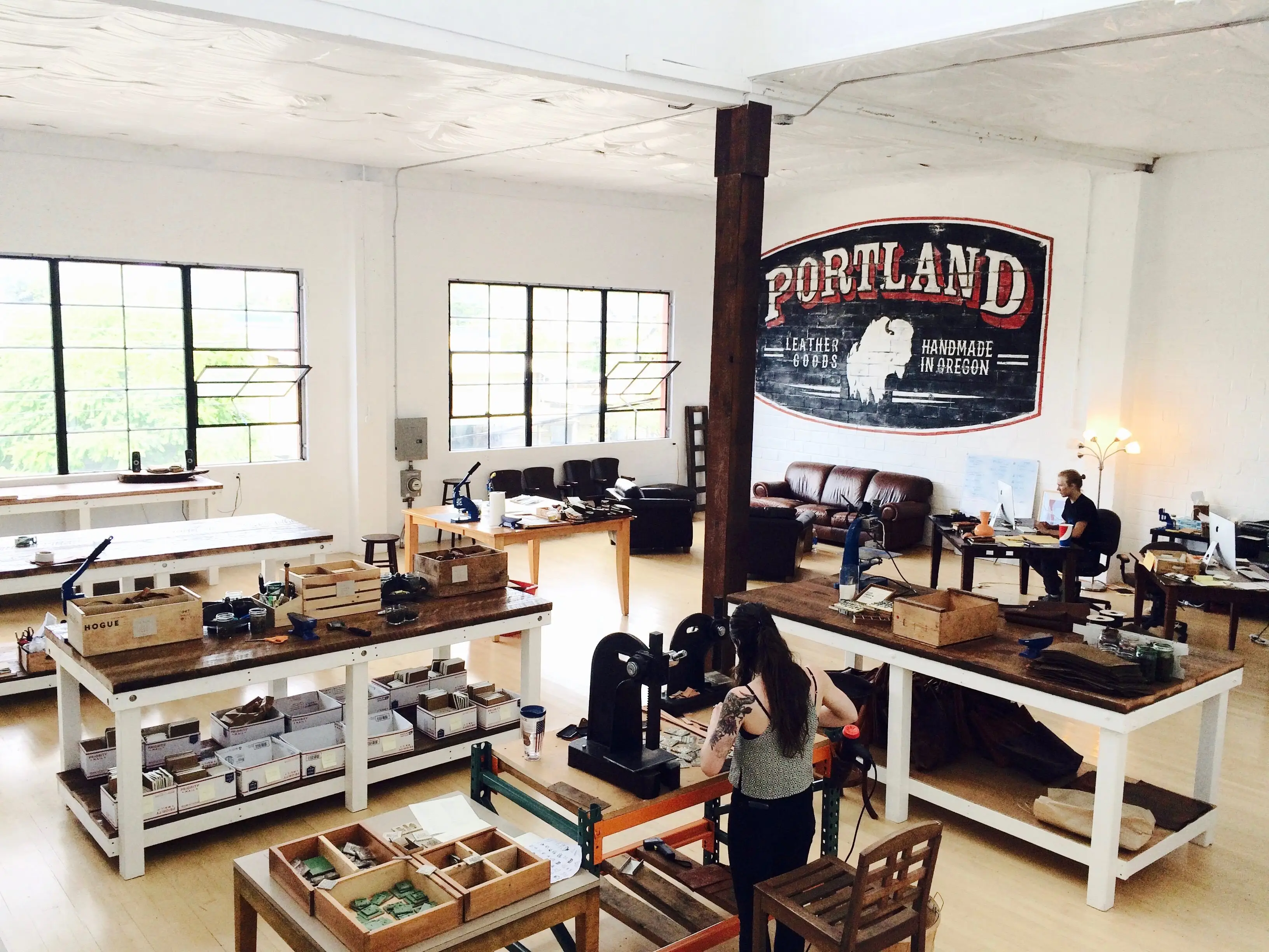 Interior shot of Portland Leather Goods workspace.