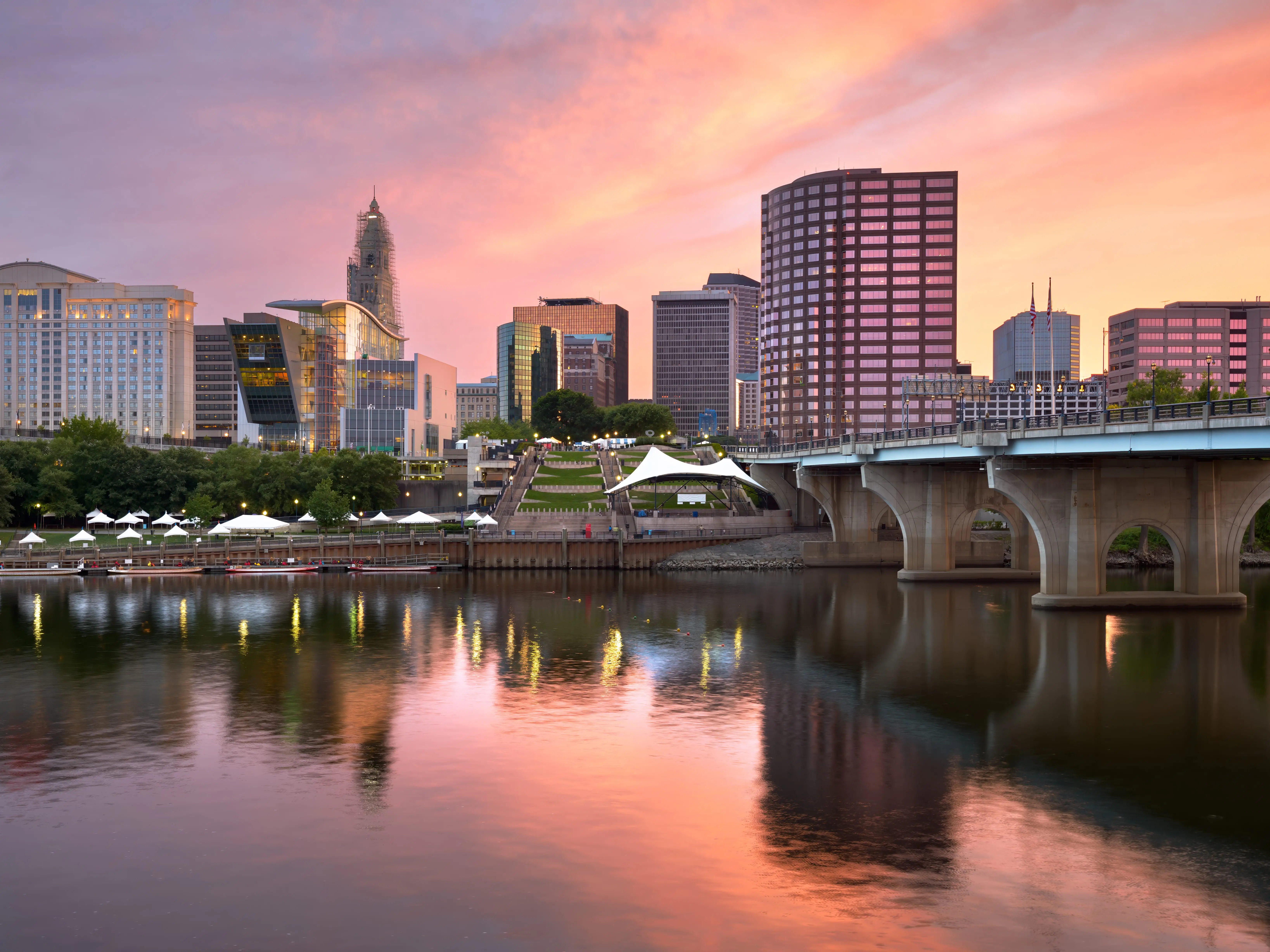Hartford, Connecticut, USA downtown skyline at sunset.