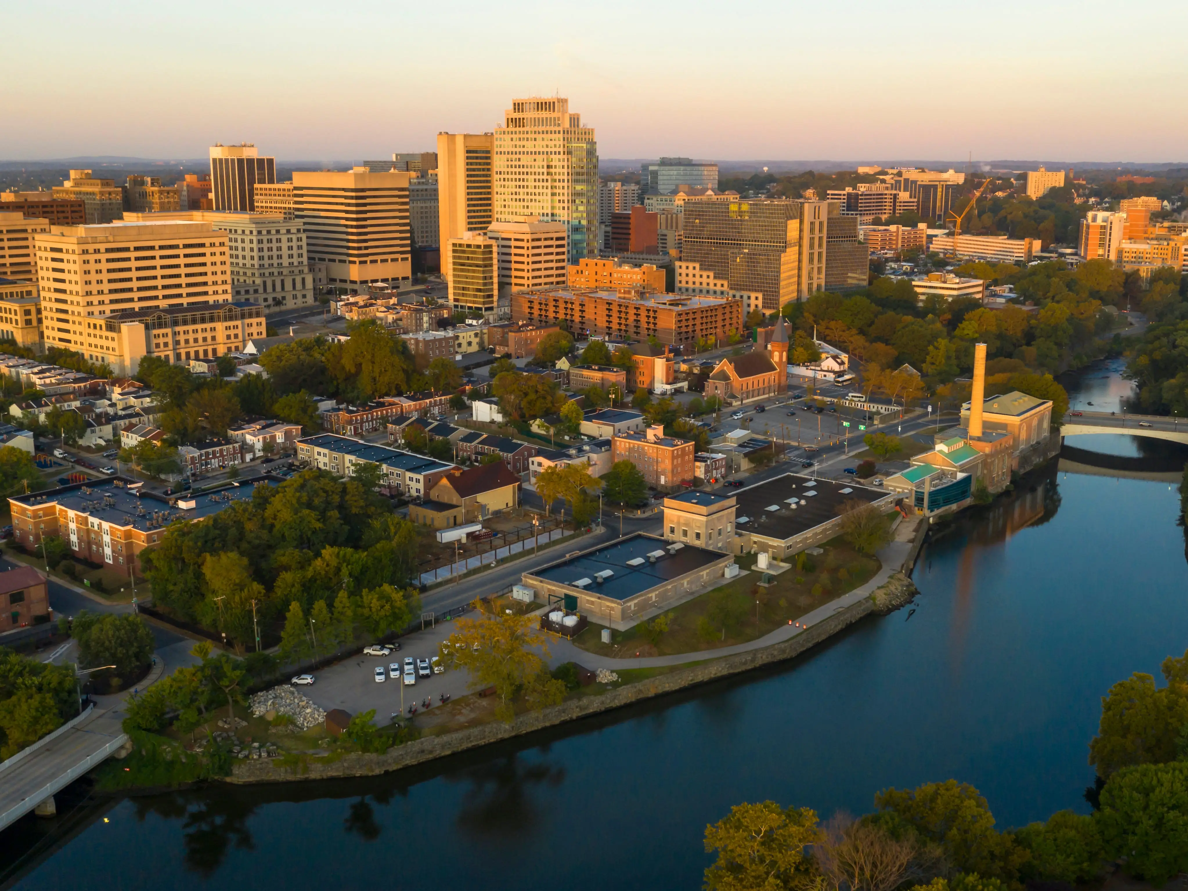 Saturated early morning light hits the buildings and architecture of downtown Wilmington Delaware