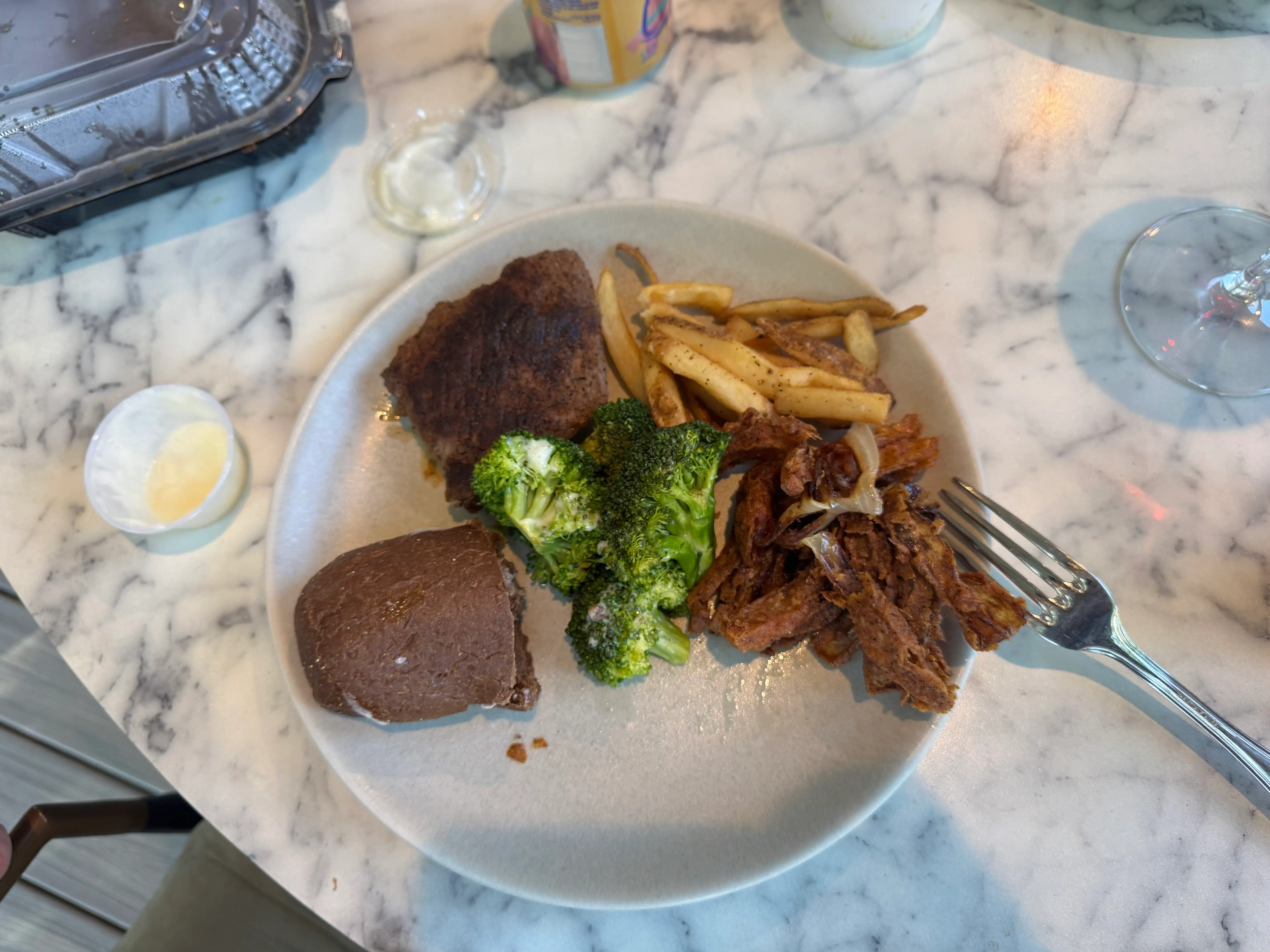 Plate with bread, broccoli, fries, steak