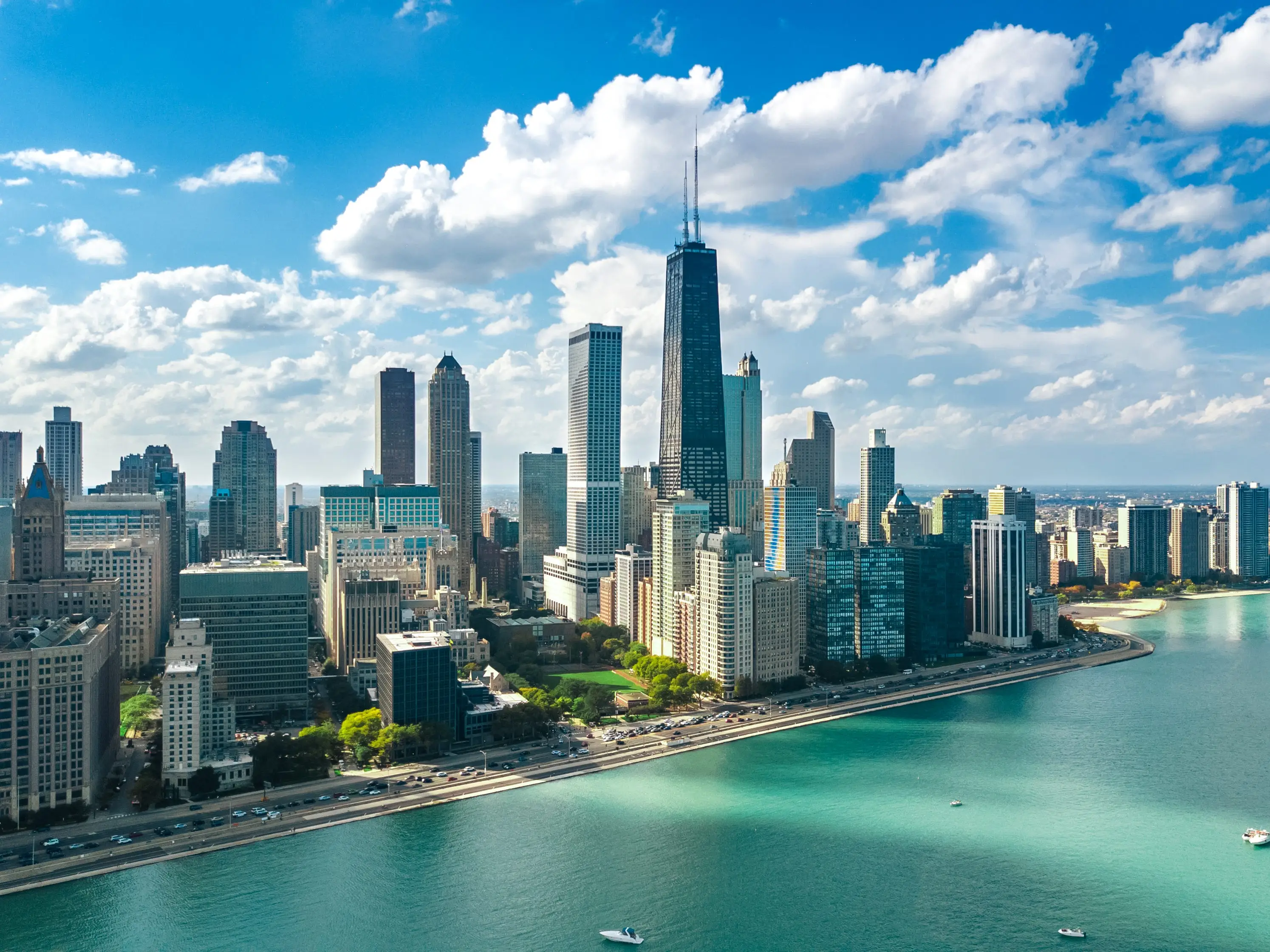 Chicago skyline aerial drone view from above, lake Michigan and city of Chicago downtown skyscrapers cityscape, Illinois, USA