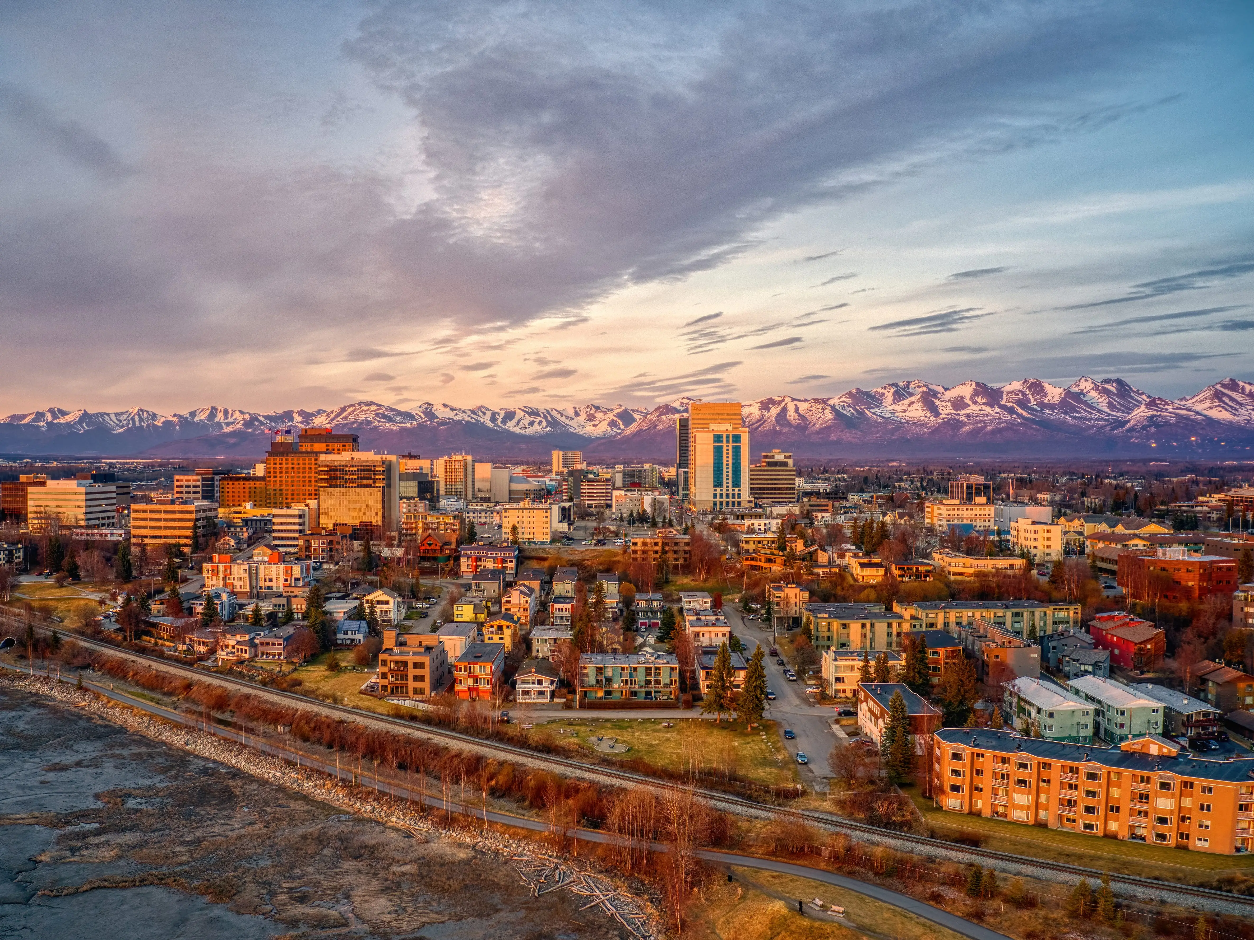 Aerial View of a Sunset over Downtown Anchorage, Alaska in Spring