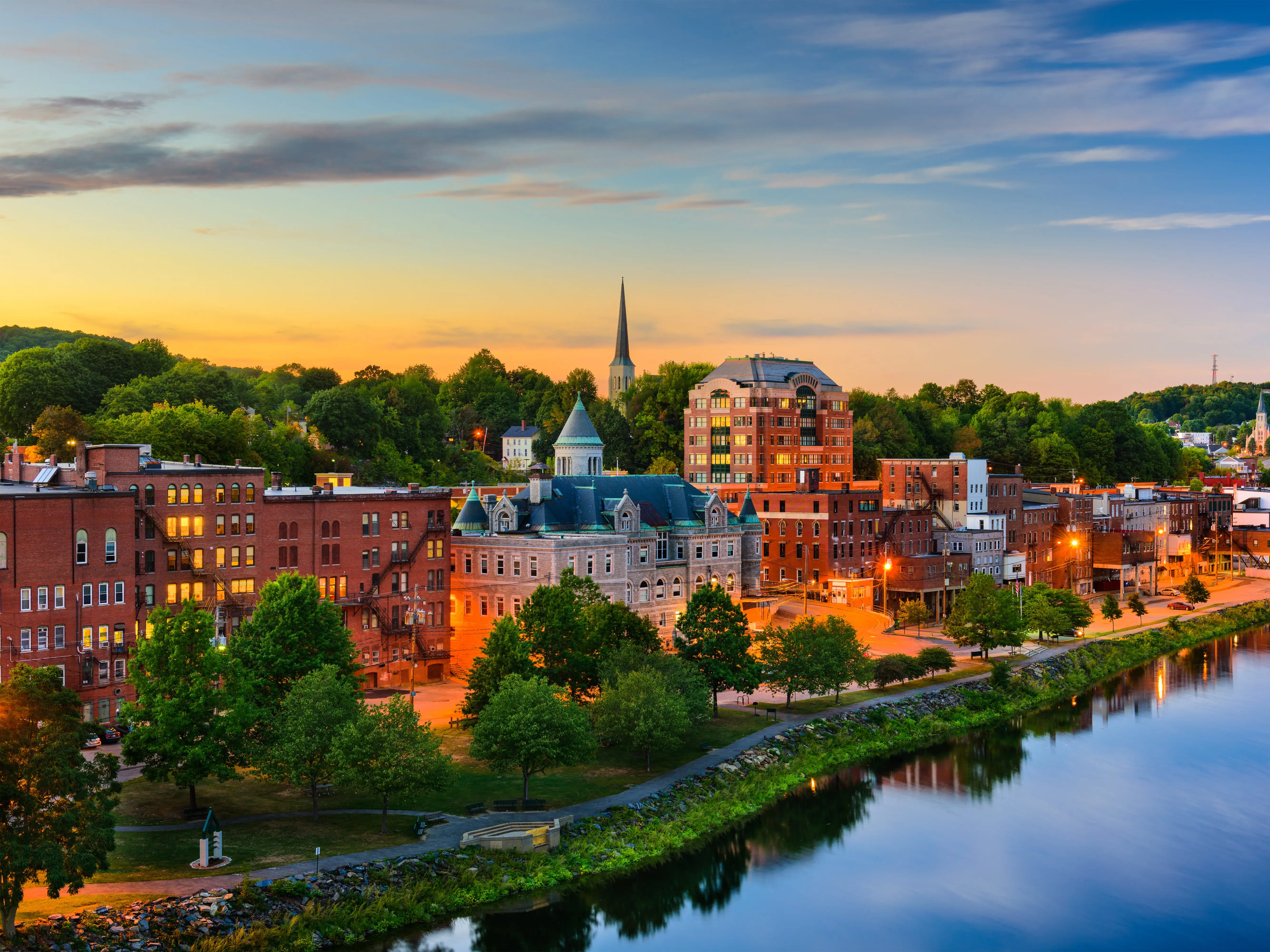 Augusta, Maine, USA downtown skyline on the Kennebec River.
