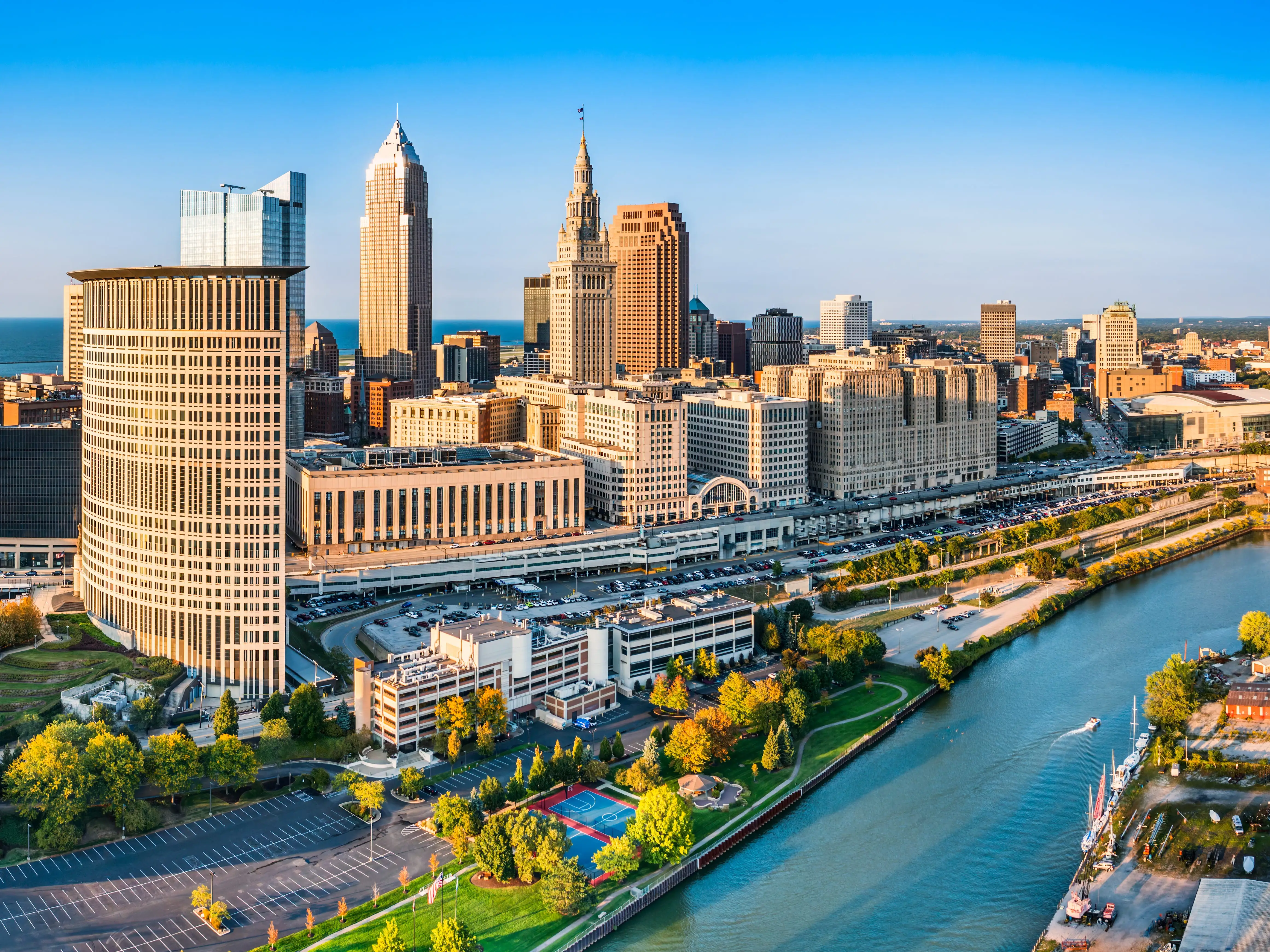 Aerial view of Cleveland, Ohio skyline at sunset. Cleveland is a major city in the U.S. state of Ohio and the county seat of Cuyahoga County.