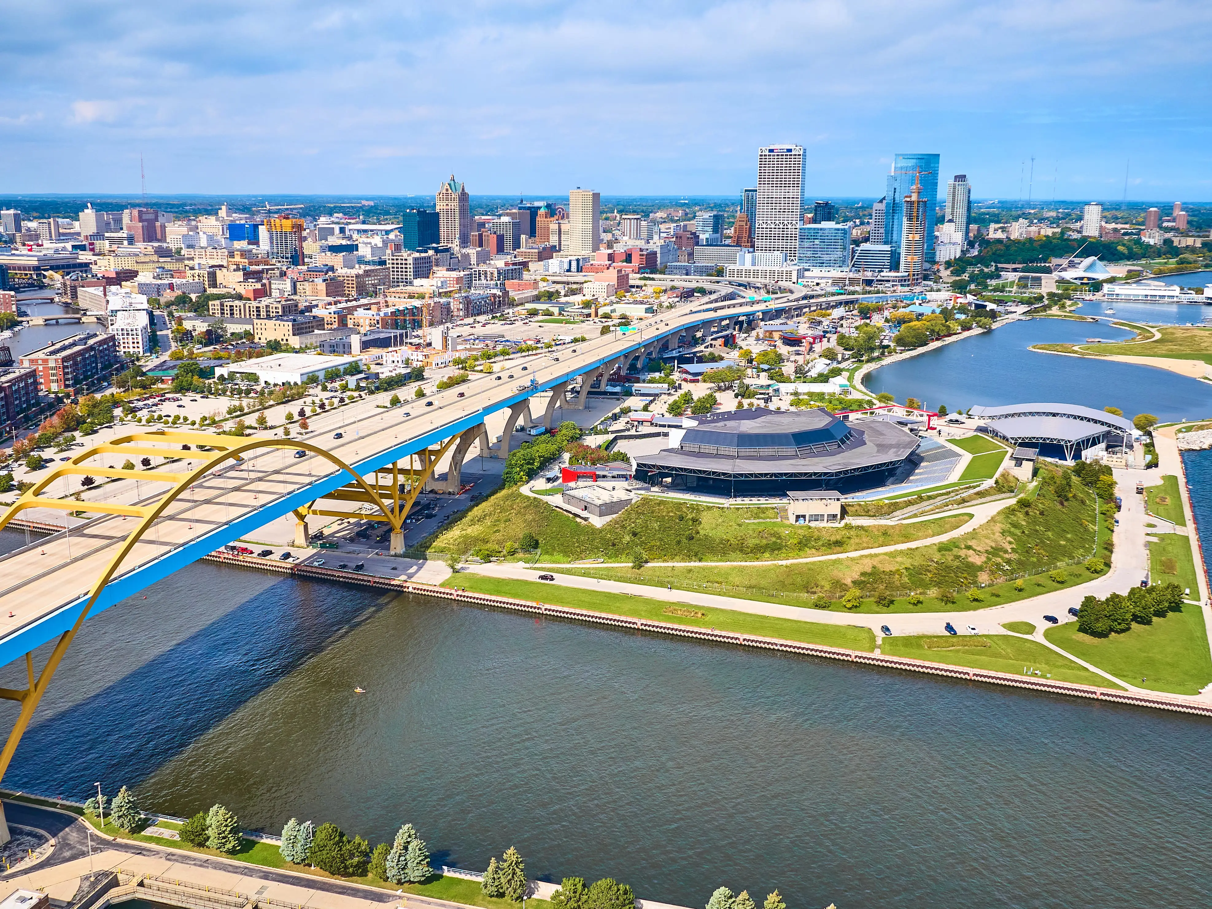 Aerial View of Daniel W. Hoan Memorial Bridge Spanning Across Lake Michigan in Milwaukee, Showcasing Vibrant Urbanity and Natural Tranquility, 2023
