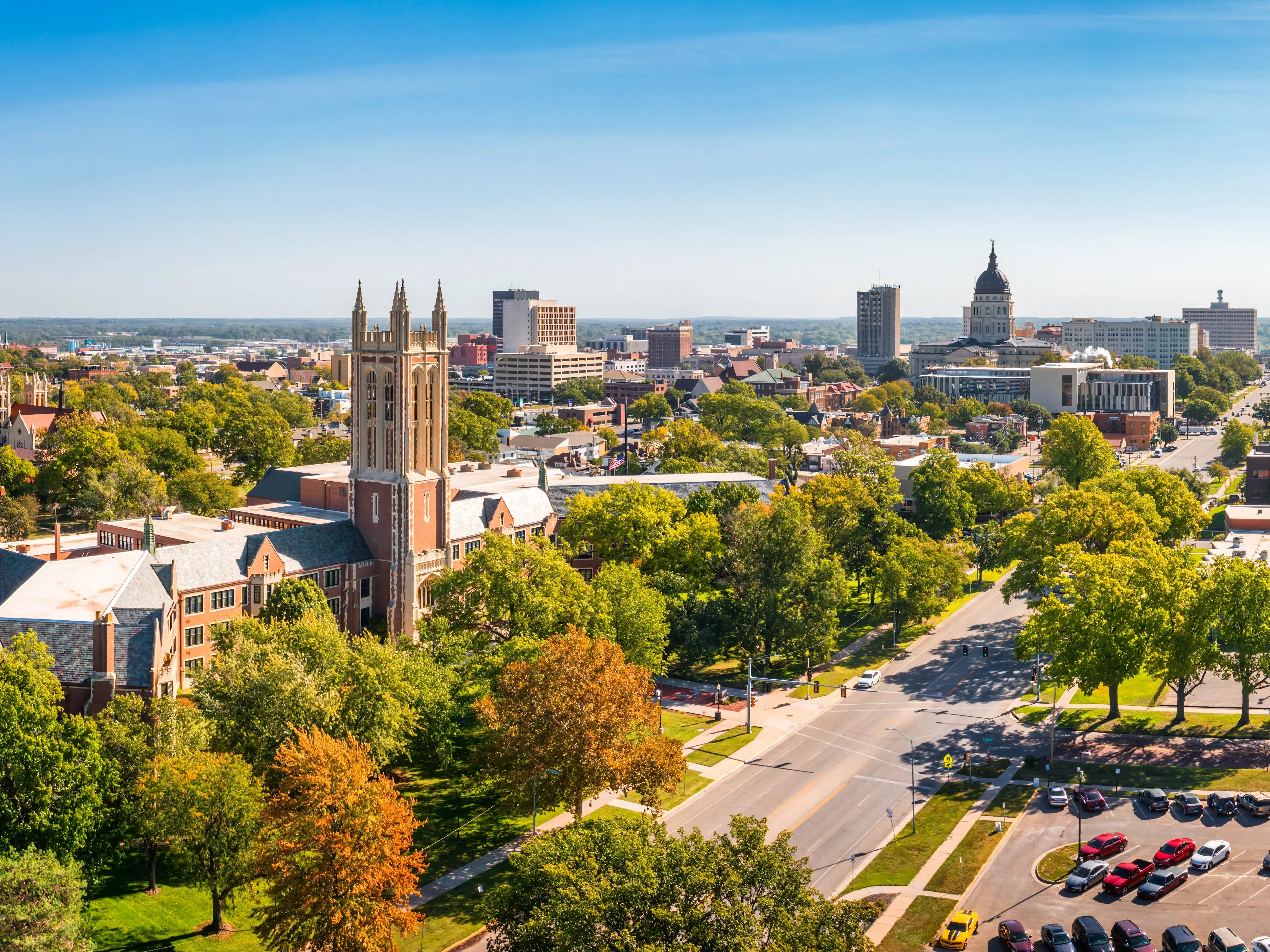Aerial panorama of Topeka, Kansas along the 10th Avenue. Topeka is the capital city of the U.S. state of Kansas and the county seat of Shawnee County