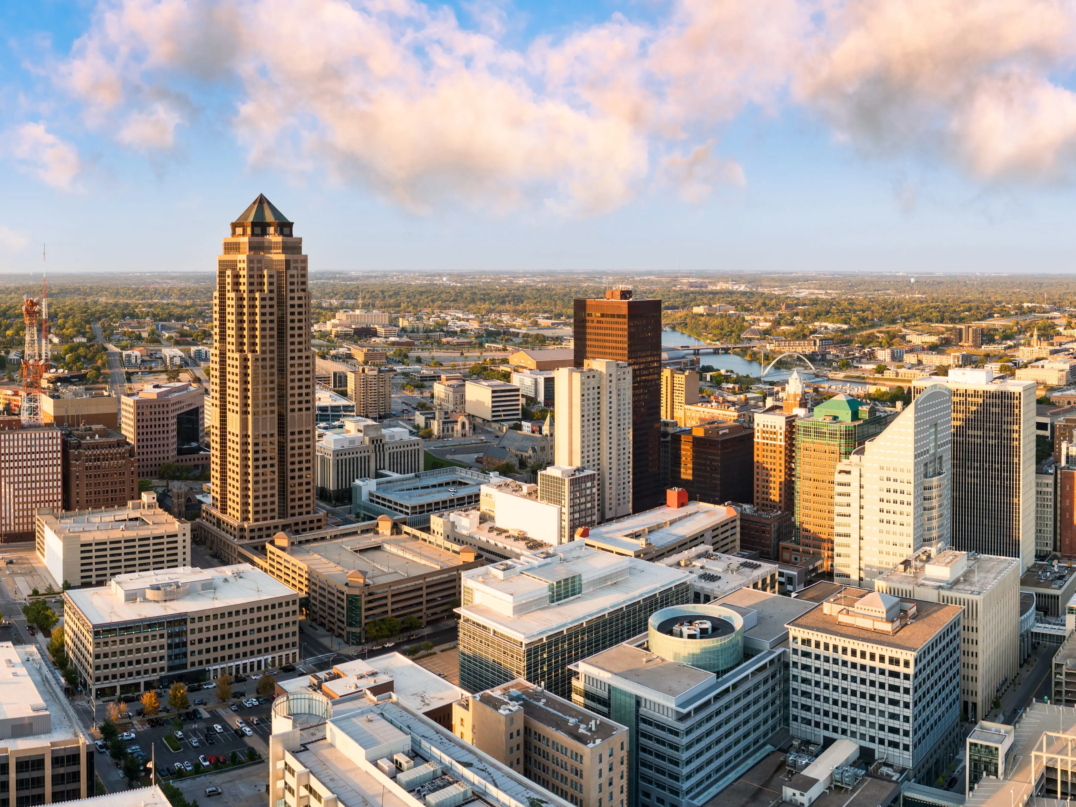 Aerial view of Des Moines, Iowa skyline. Des Moines is the capital and most populous city in the U.S. state of Iowa and it is the county seat of Polk County