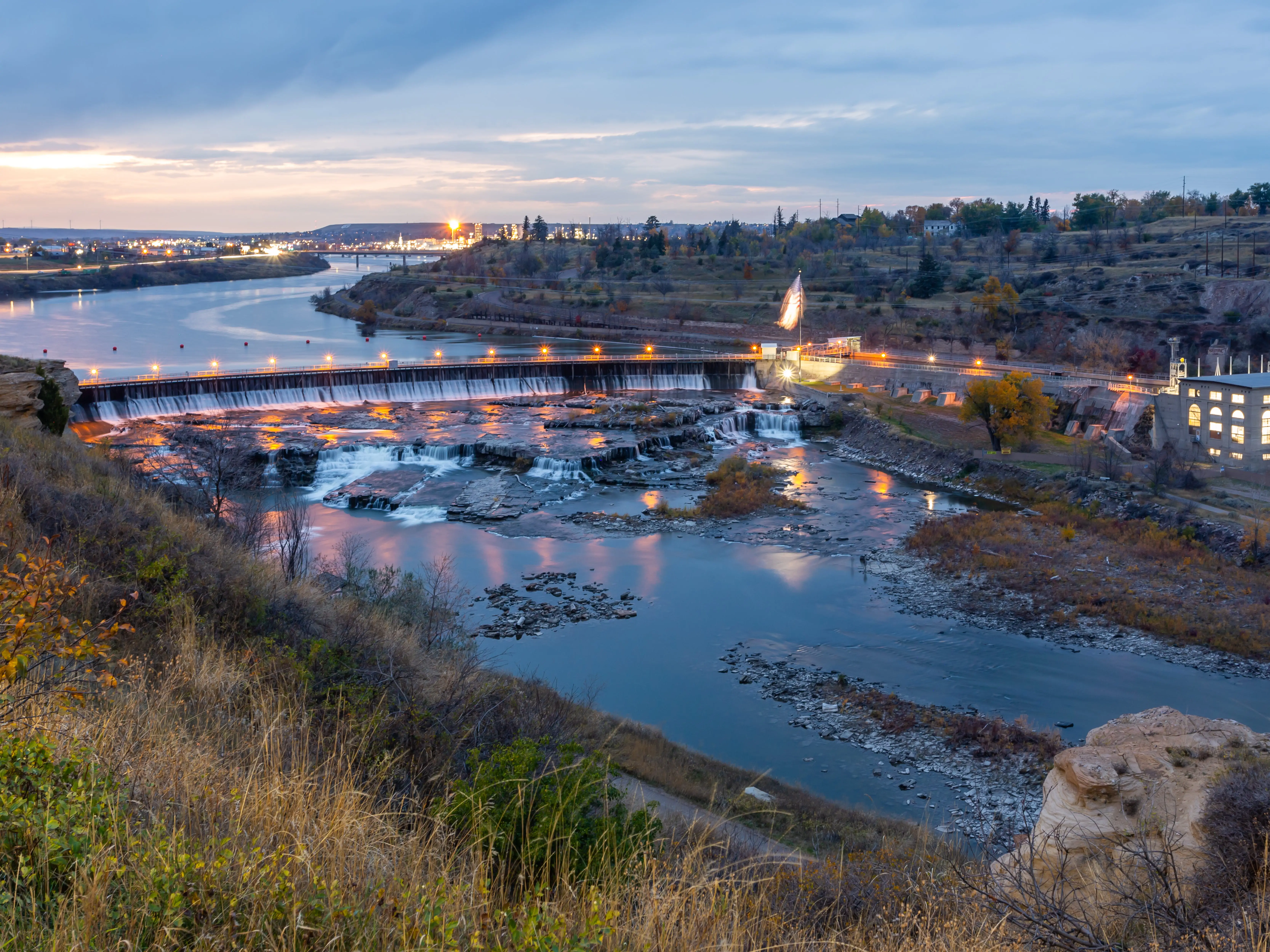 View from above of the Great Falls in Montana, in twilight. Black Eagle Point