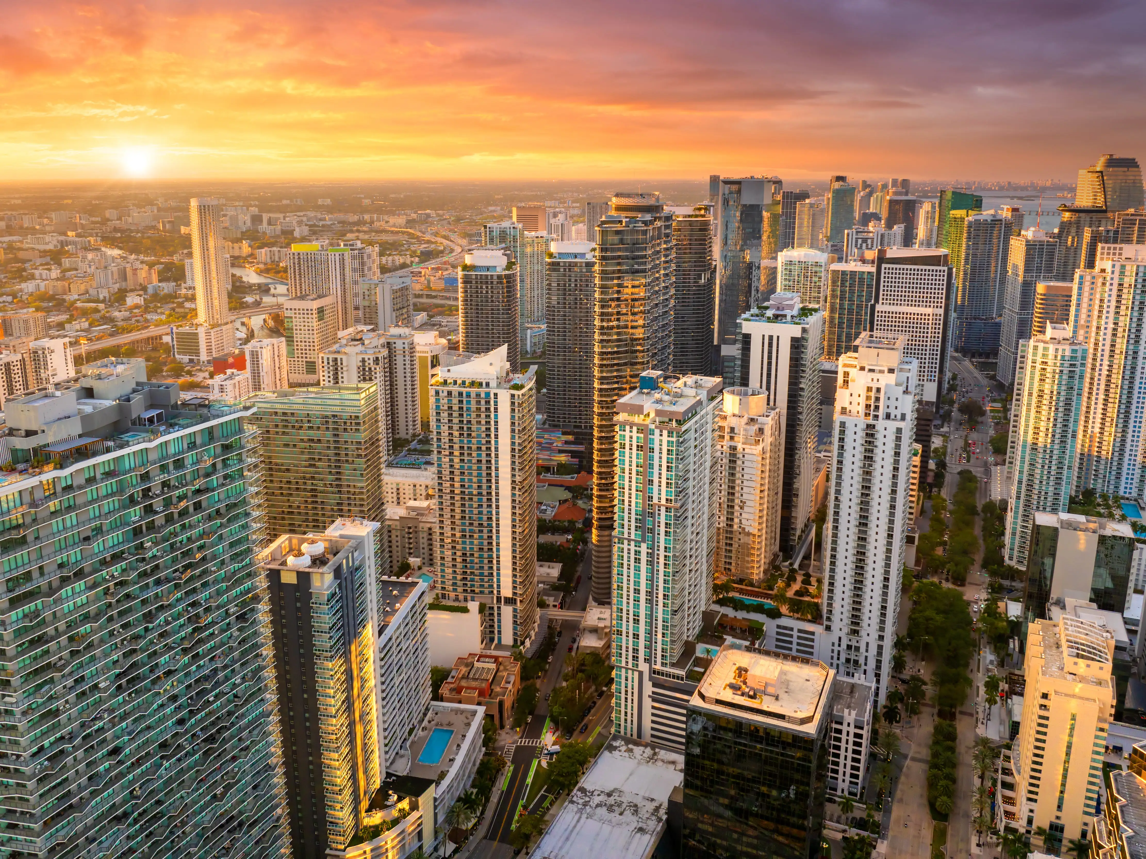 Urban cityscape of Miami Brickell downtown district in Florida, USA. Evening skyline with skyscraper buildings in modern American city.