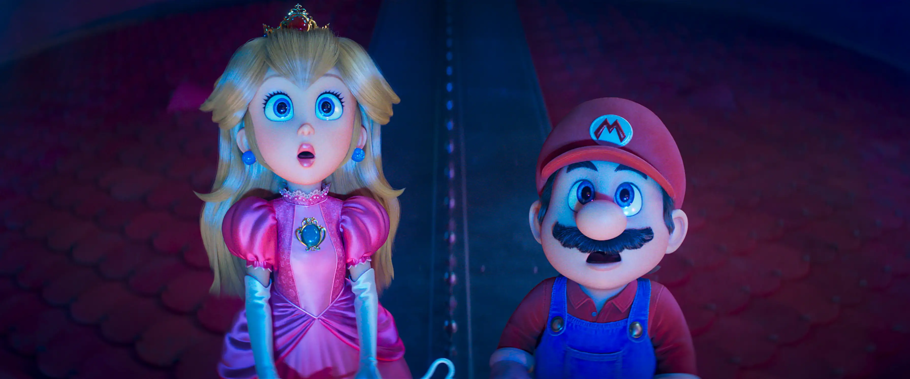 Princess Peach and Mario stand under blue and pink lighting in an animated Super Mario scene.