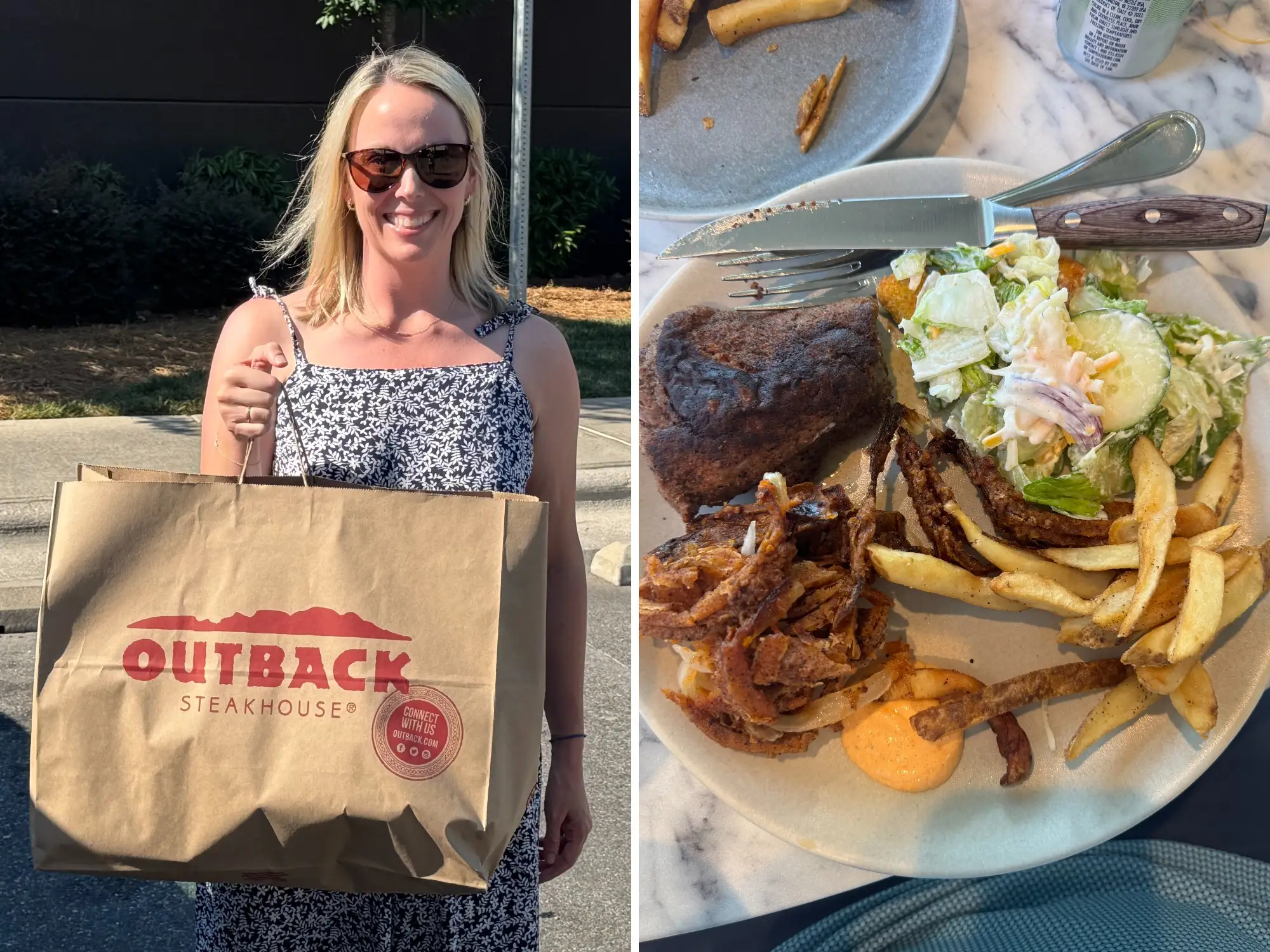 Woman holding an Outback Steakhouse paper bag beside a restaurant meal of steak, fries, salad, and fried onions.
