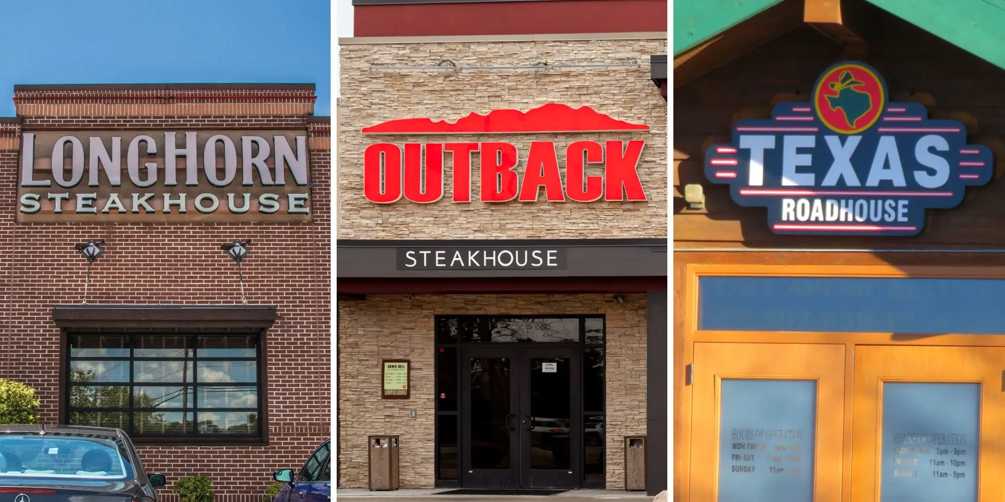 The exterior of Longhorn Steakhouse, Outback Steakhouse, and Texas Roadhouse restaurants.