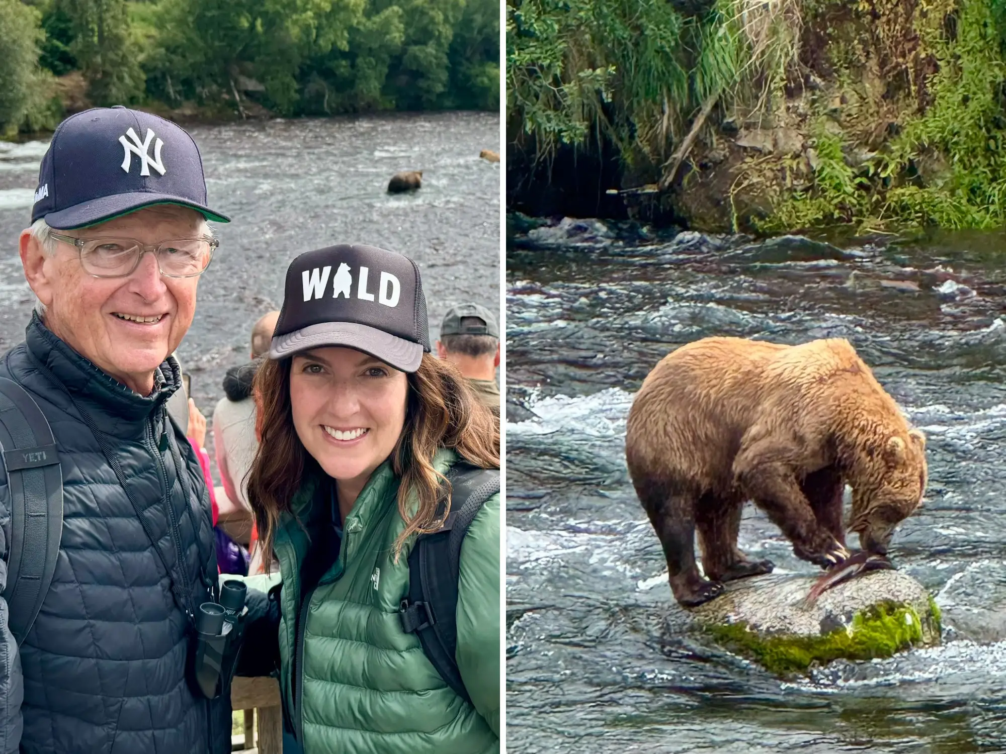 A side-by-side image of a father and daughter and a photo of a bear at Katmai National Park in Alaska.