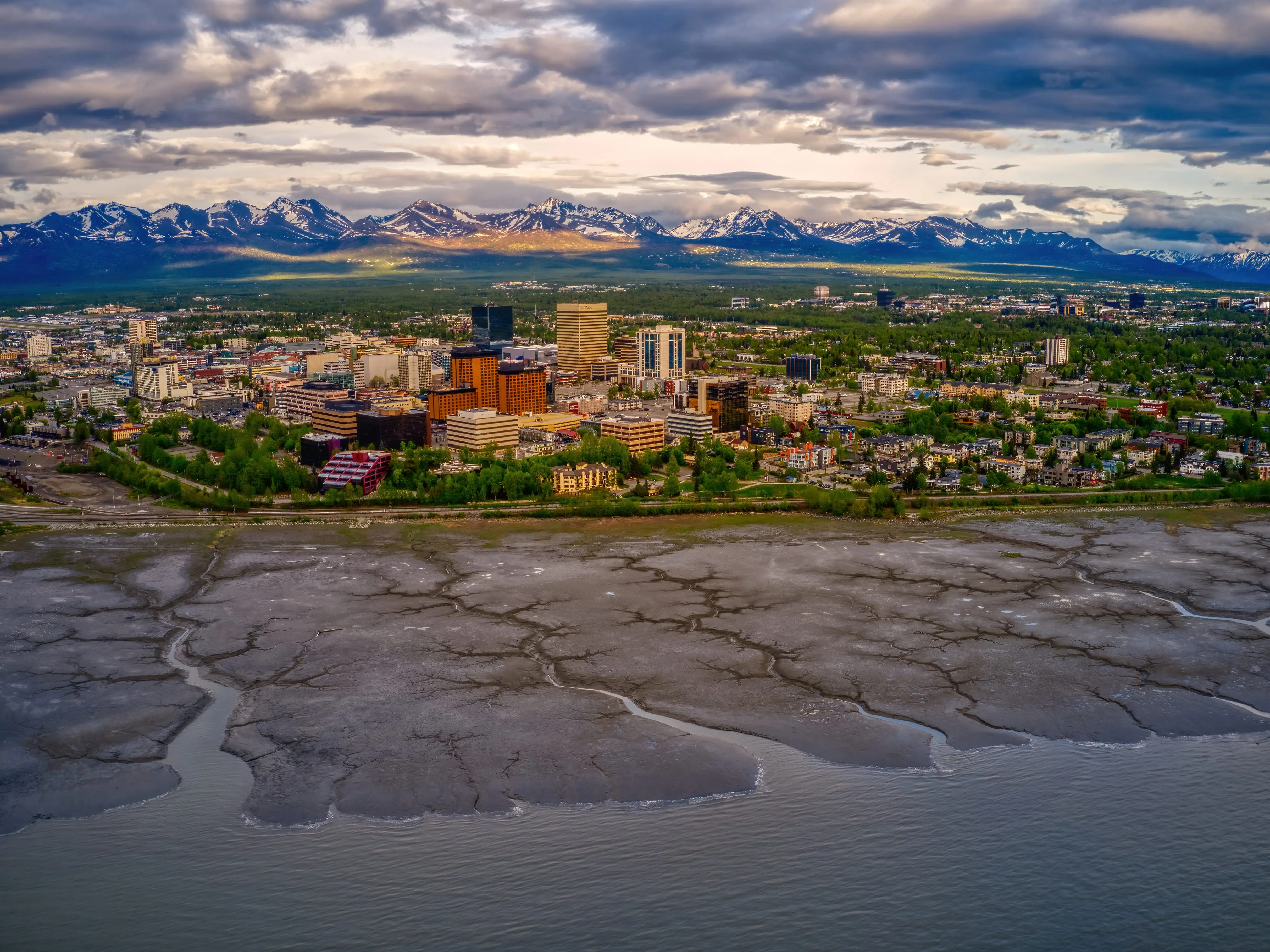 Aerial View of the downtown Anchorage, Alaska Skyline during Summer