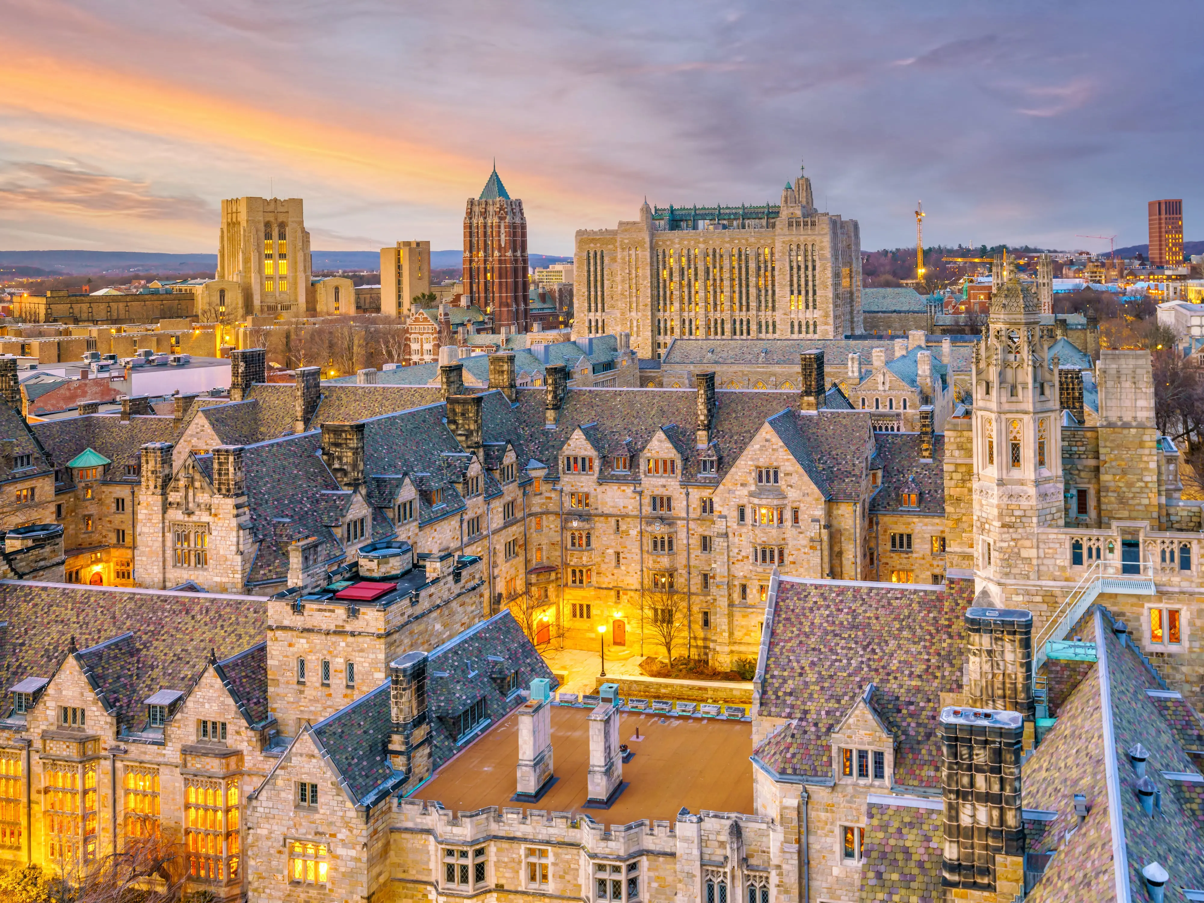 Historical building and Yale university campus in downtown New Haven CT, USA