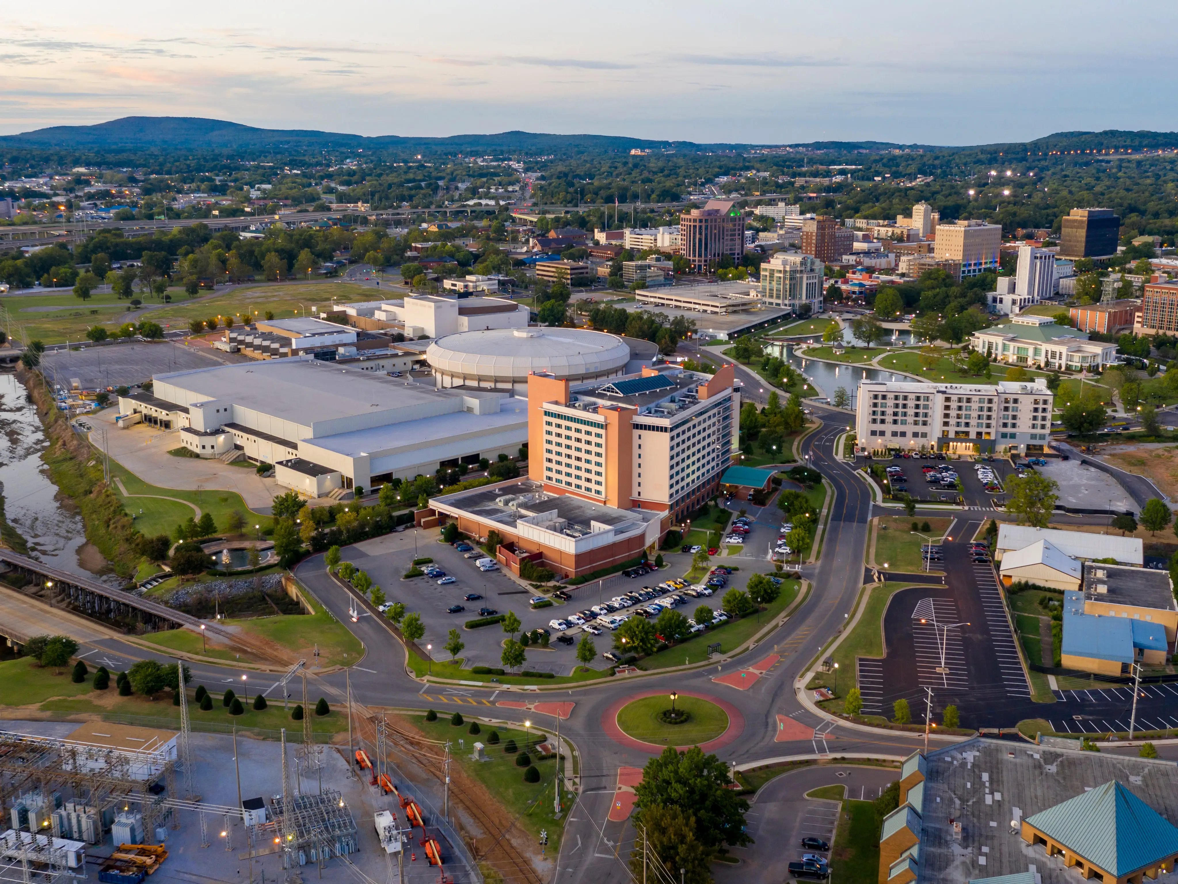 Aerial perspective of the sleepy little big town city center of Huntsville Alabama deep south USA
