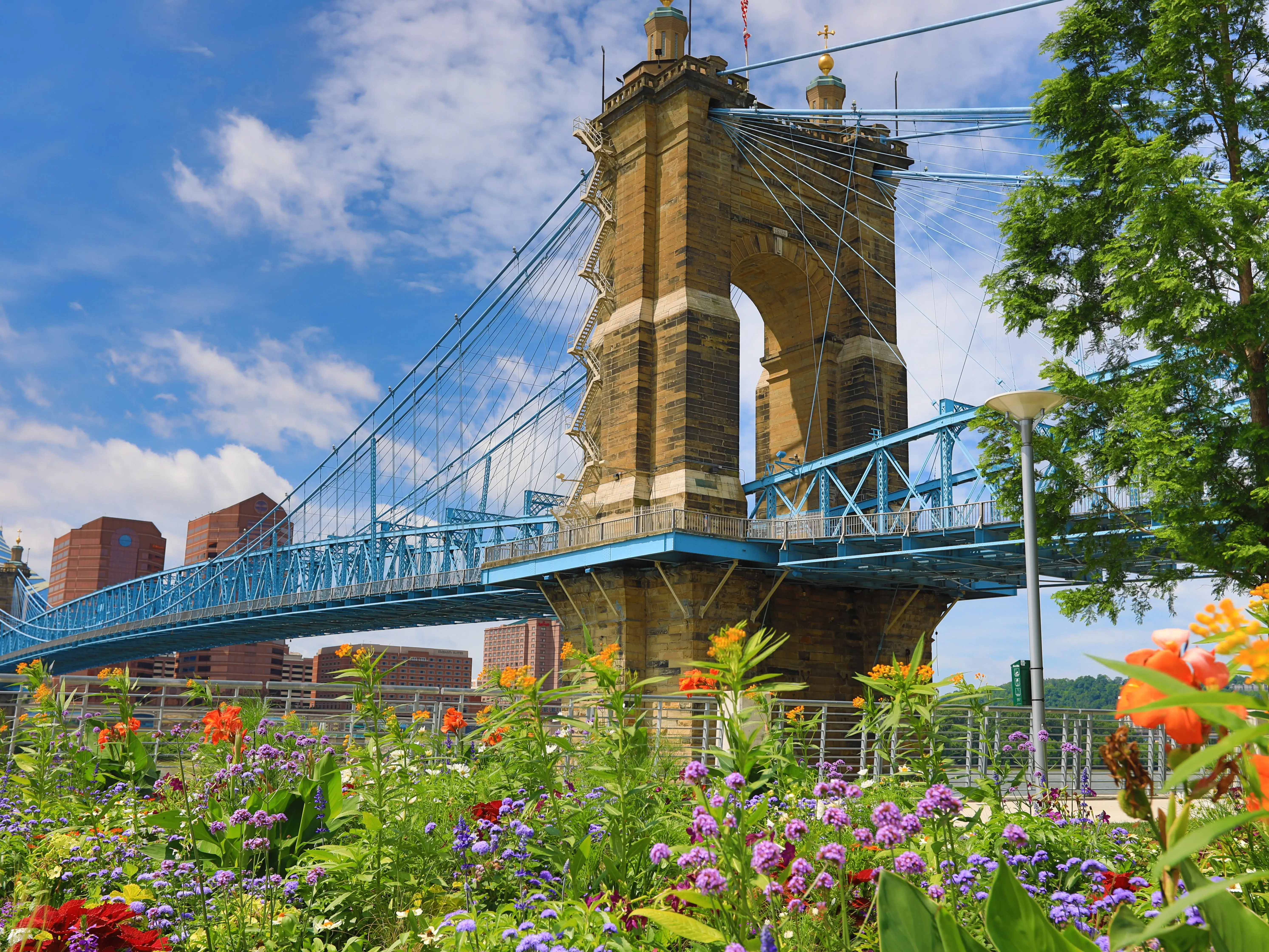 The John A. Roebling Bridge was built in 1866 to connect Covington, Kentucky to Cincinnati , Ohio. It spans the Ohio River.
