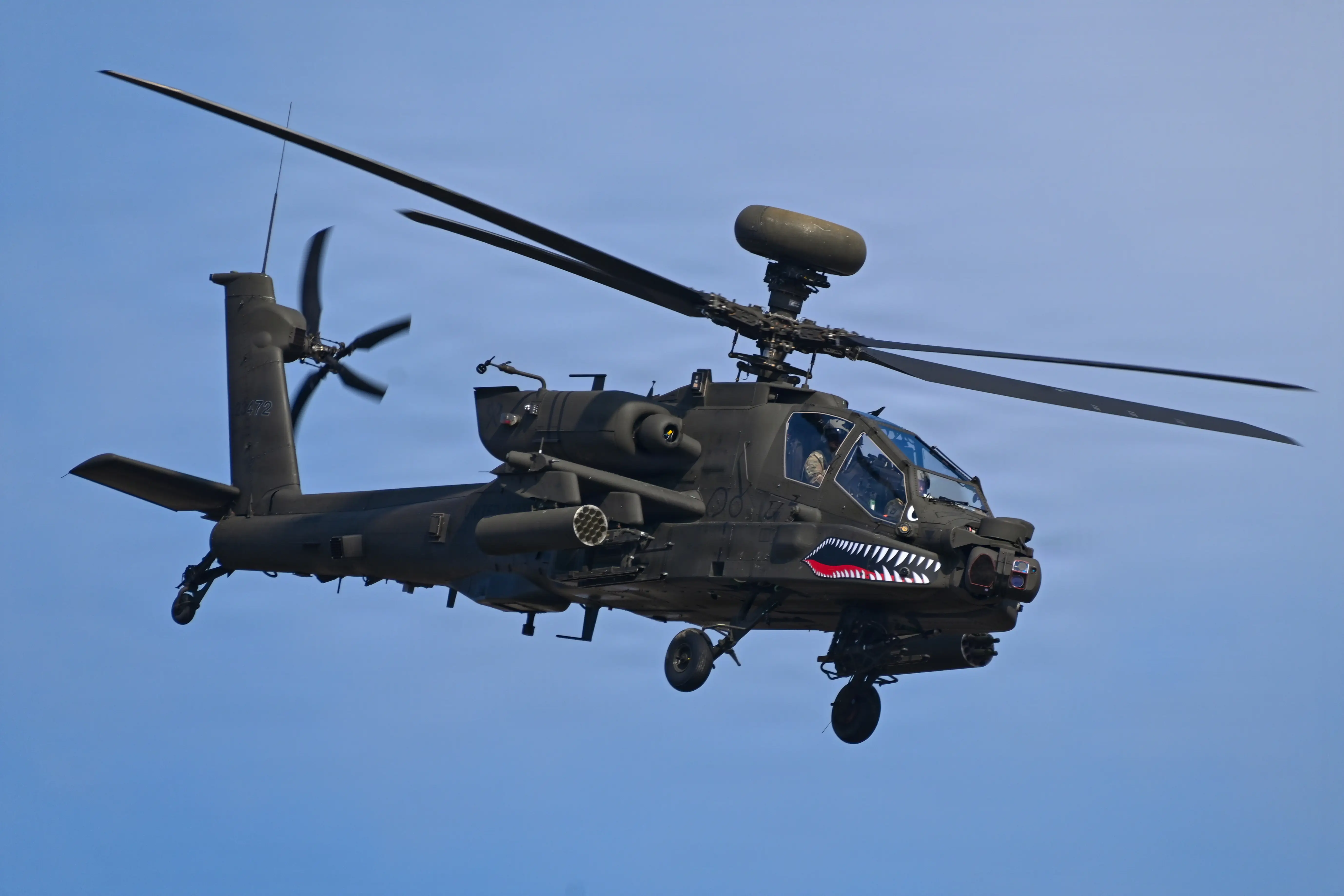 An AH-64E Apache helicopter.