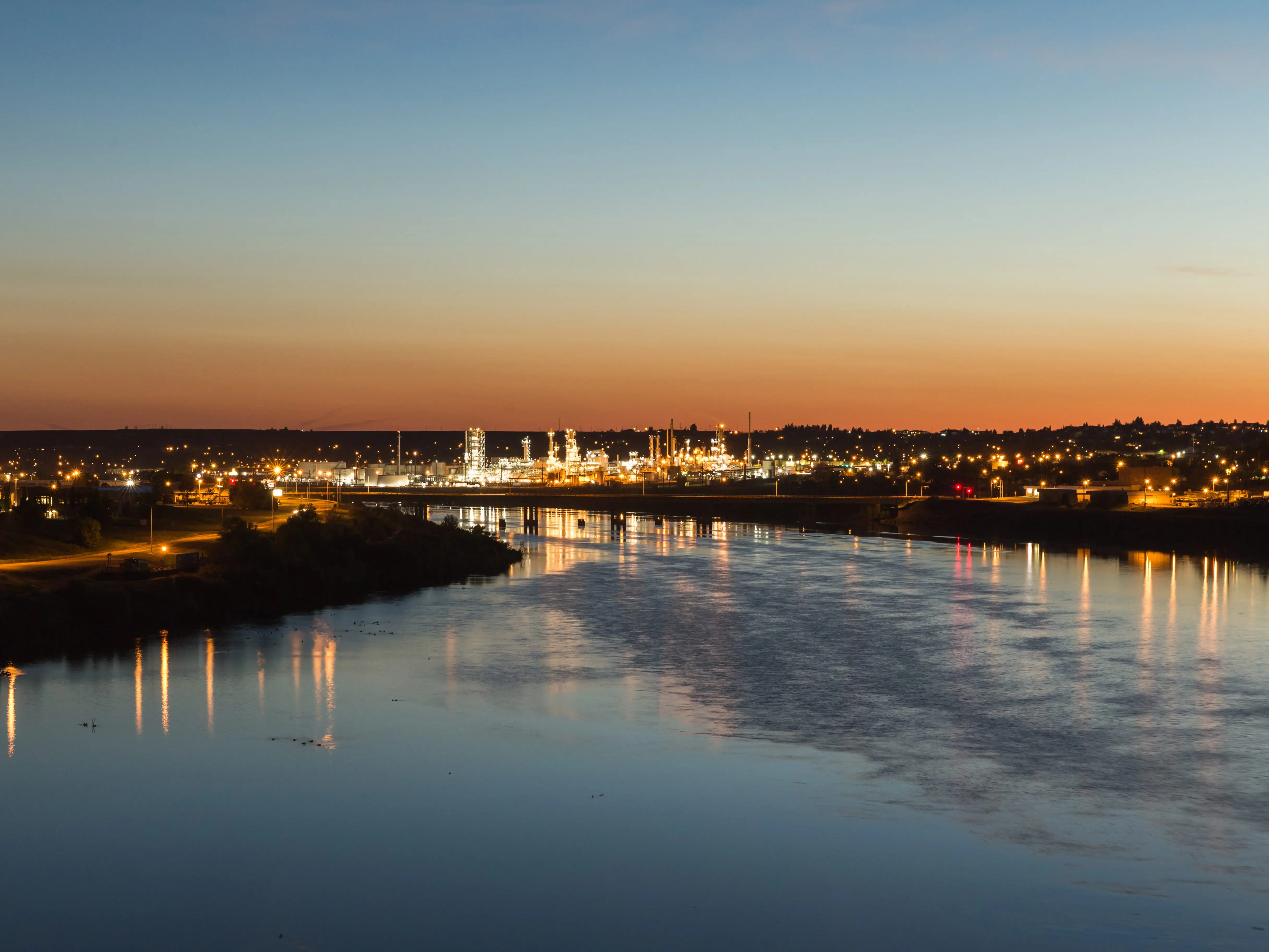 City lights of Great Falls, Montana over the Missouri River.
