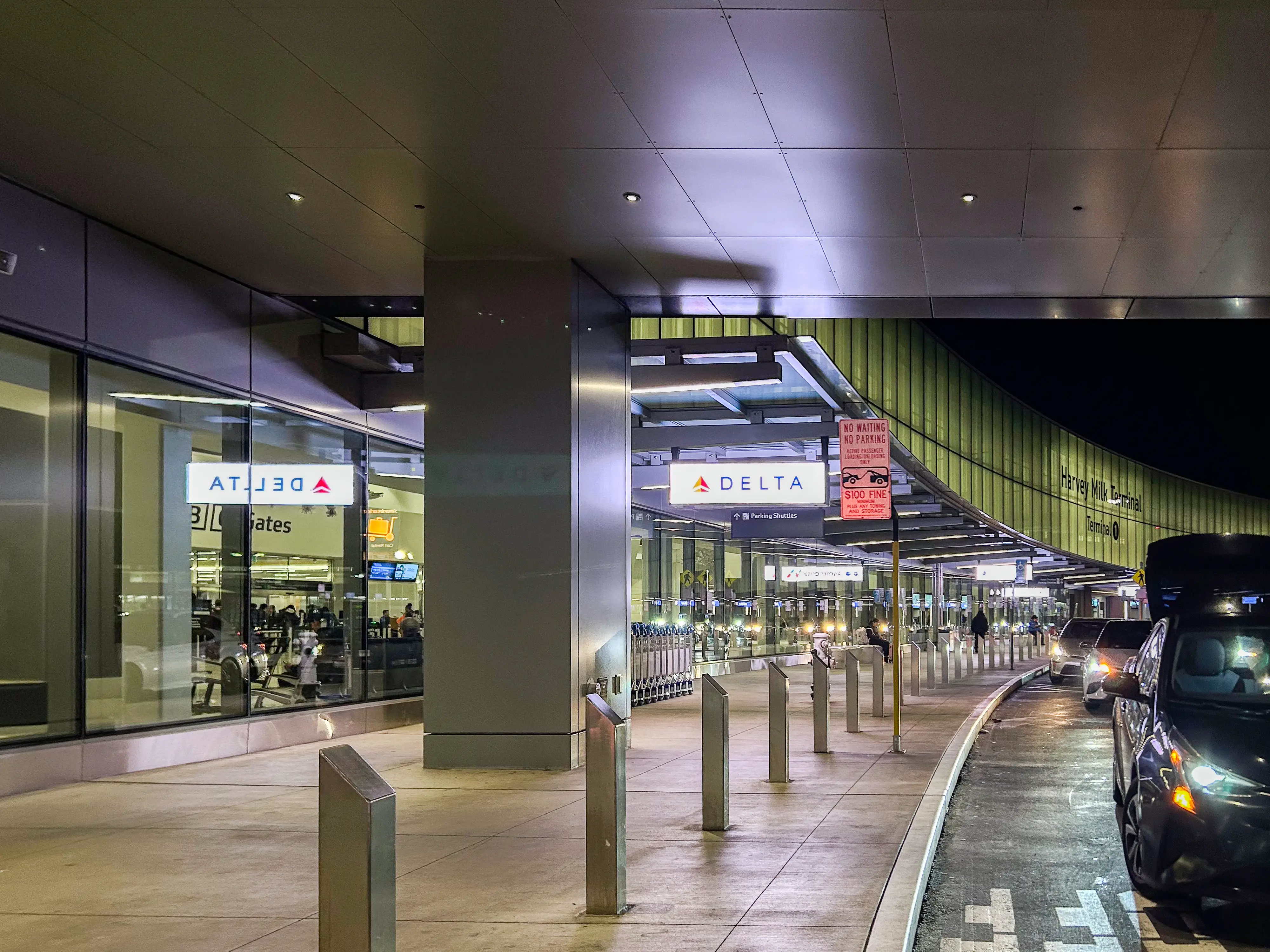 The exterior of a Delta terminal seen at night