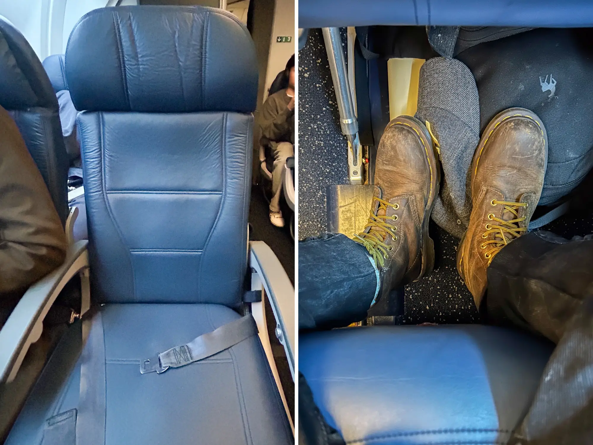 A composite image of the author's seat and legroom on the Delta flight